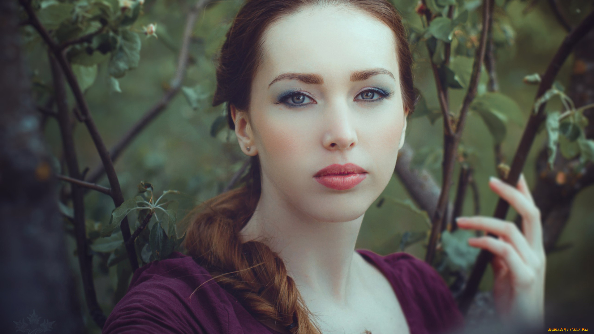 девушки, -unsort, , лица, , портреты, лицо, коса, куст, рыжая