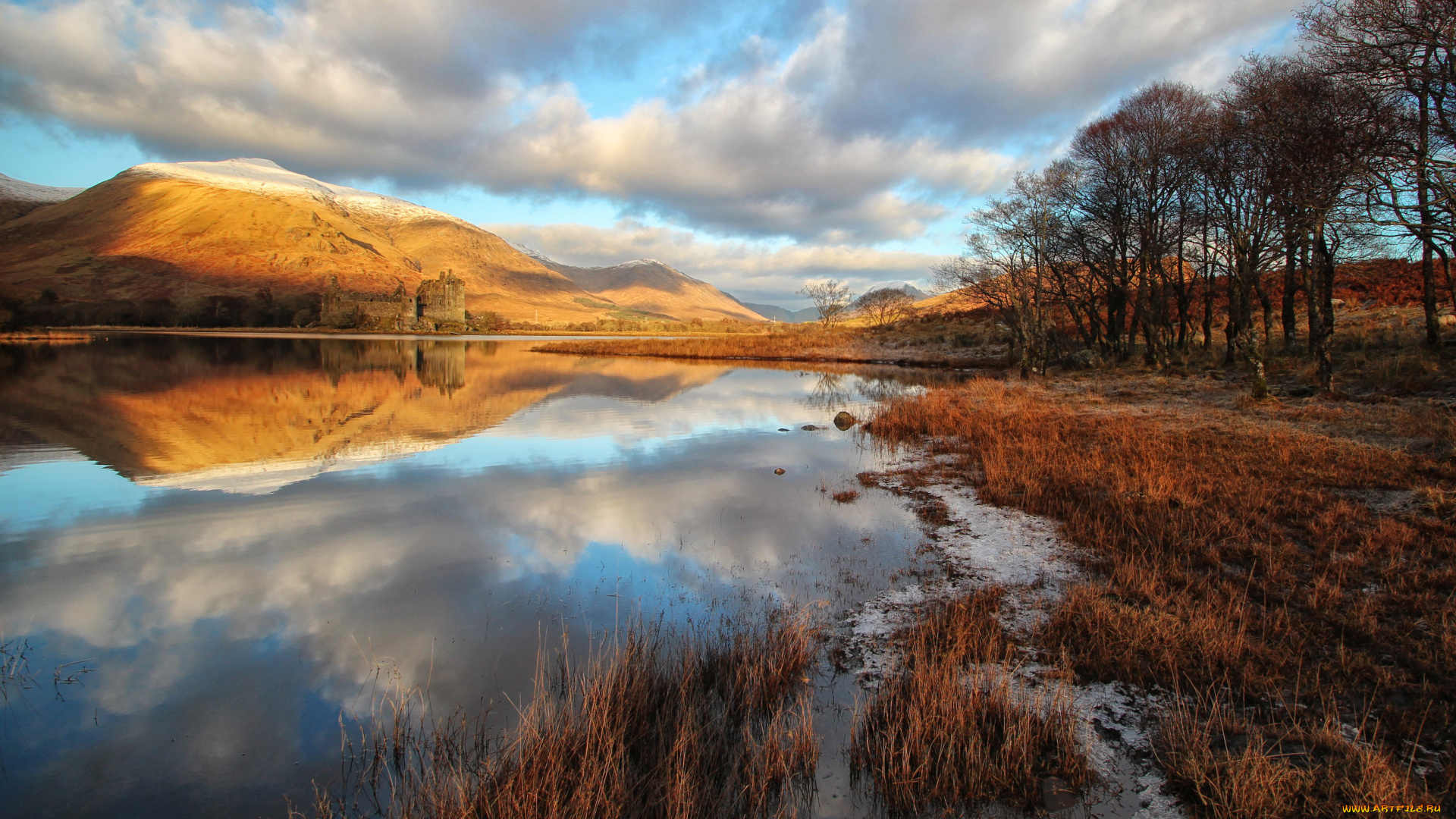 города, -, пейзажи, отражение, деревья, берег, замок, озеро, шотландия, трава, осень, облака