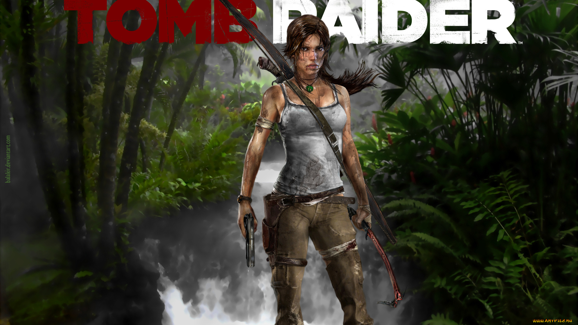 видео, игры, tomb, raider, 2013, девушка, фон, взгляд, лук, ледоруб, пистолет