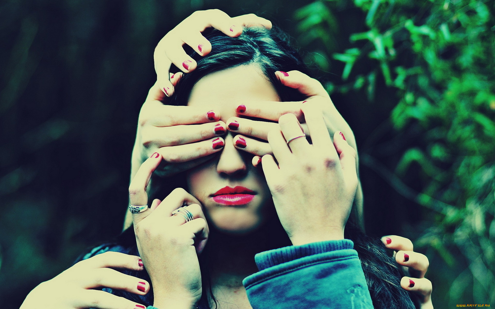 девушки, -unsort, , креатив, лицо, брюнетка, руки, кольца