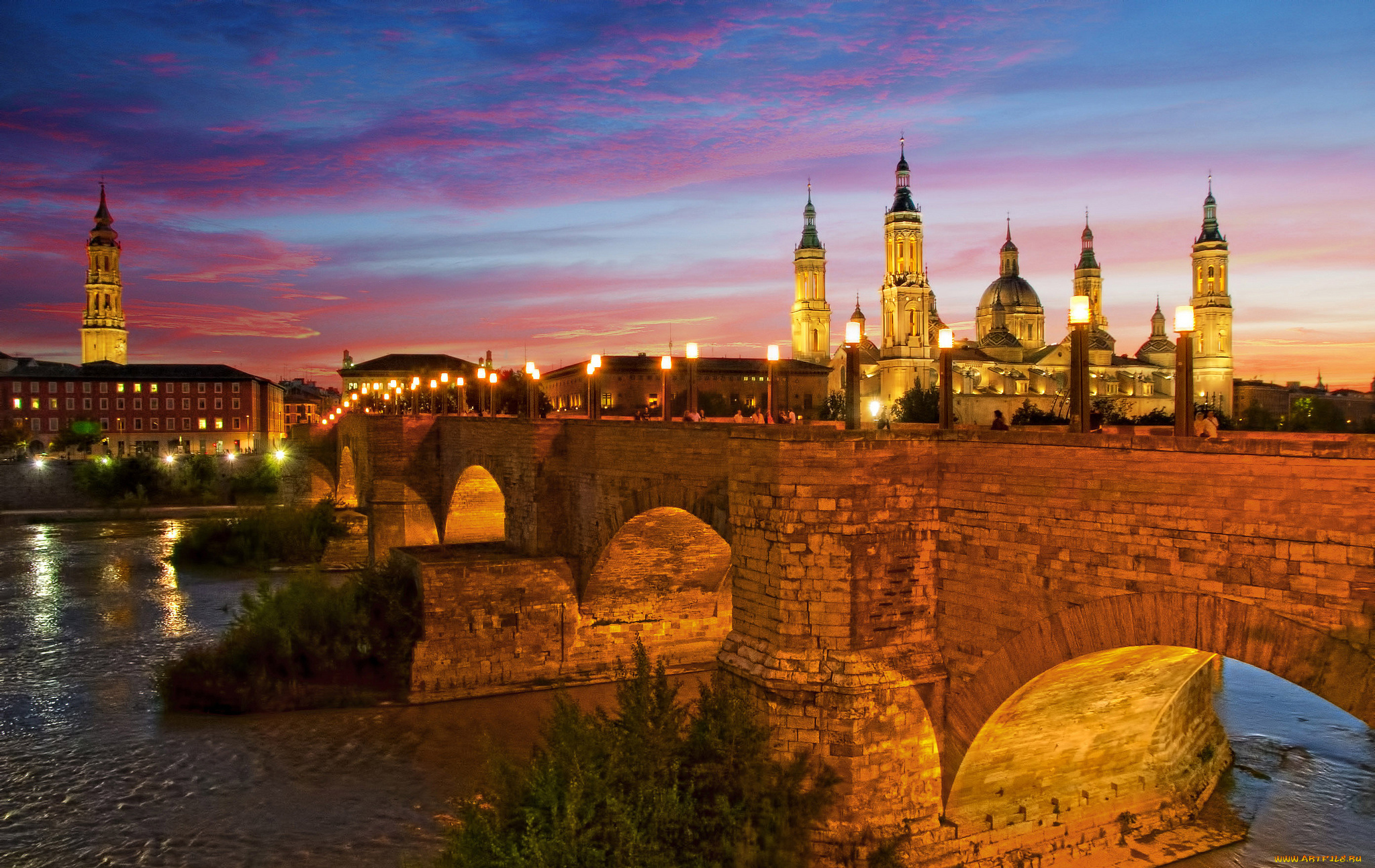 города, -, мосты, базилика-де-нуэстра-сеньора-дель-пилар, испания, каменный, мост, львиный, река, эбро, огни, ночь, сарагоса, небо