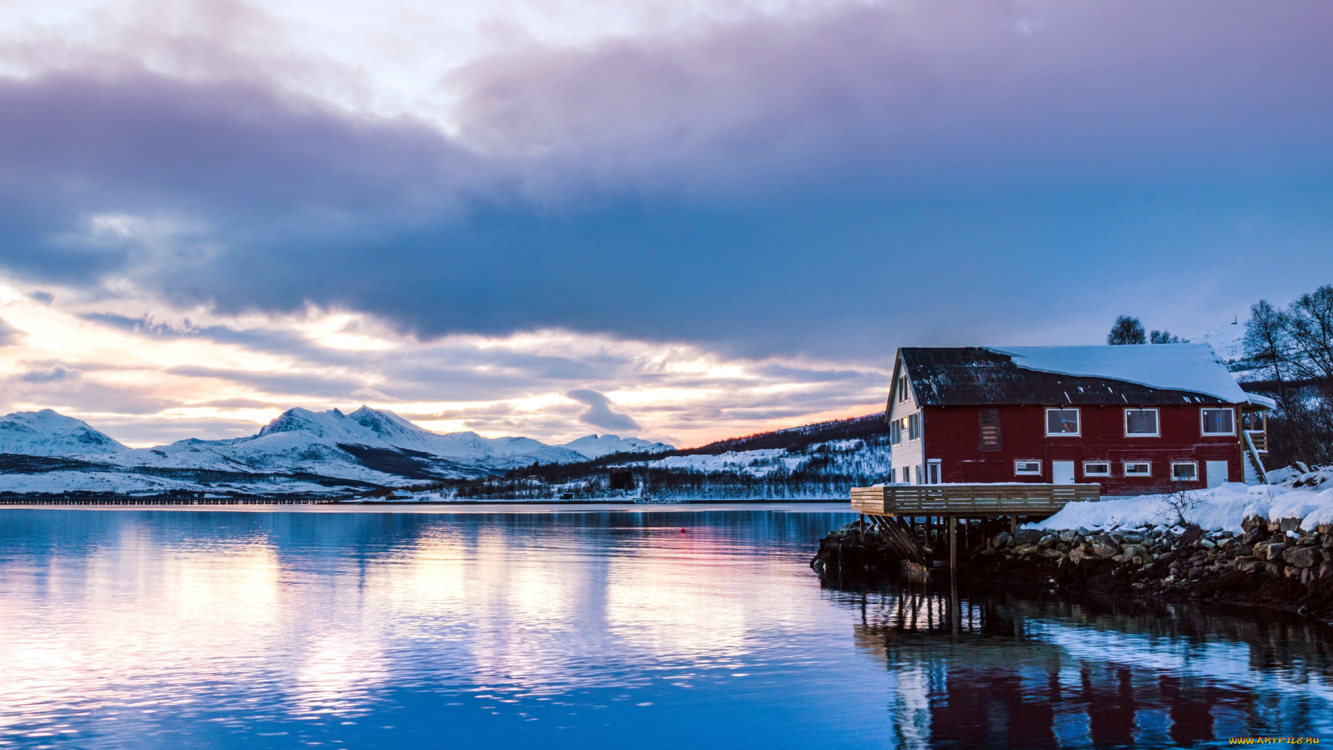 города, -, пейзажи, дом, зима, снег, озеро, горы