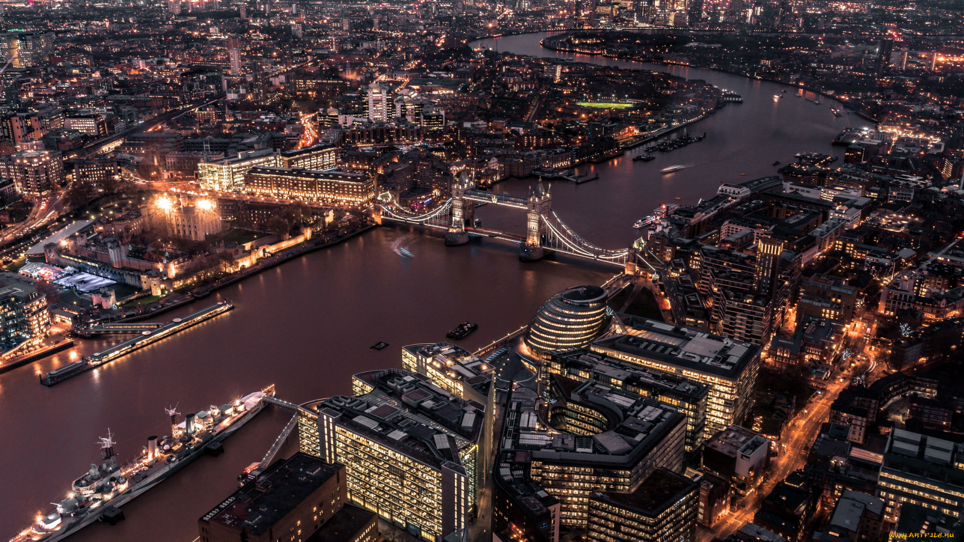 города, лондон, , великобритания, панорама, огни, река, мост, вечер