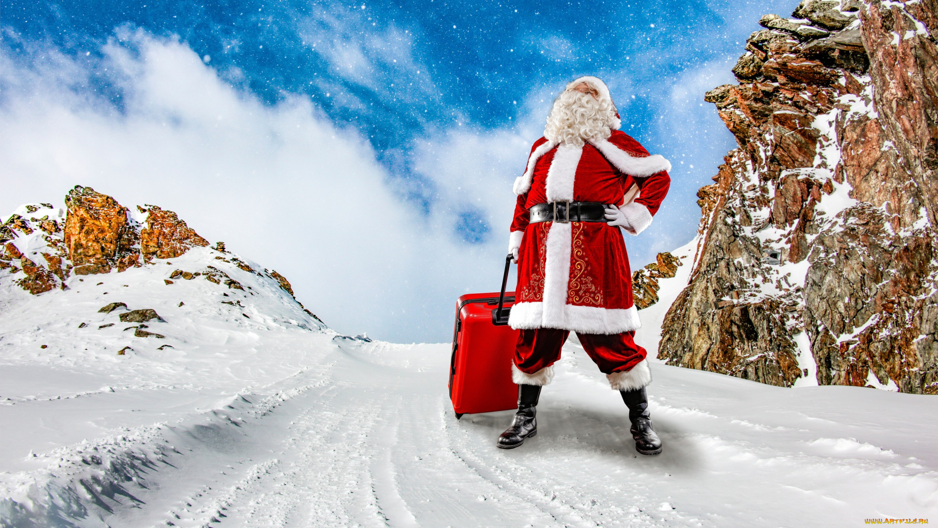 праздничные, дед, мороз, , санта, клаус, снежинки, новый, год, фотошоп, красный, облака, шуба, небо, пейзаж, сапоги, рождество, шапка, стоит, камни, дед, мороз, штаны, борода, праздник, зима, ремень, природа, снег, чемодан, санта-клаус, на, дороге, очки, перчатки