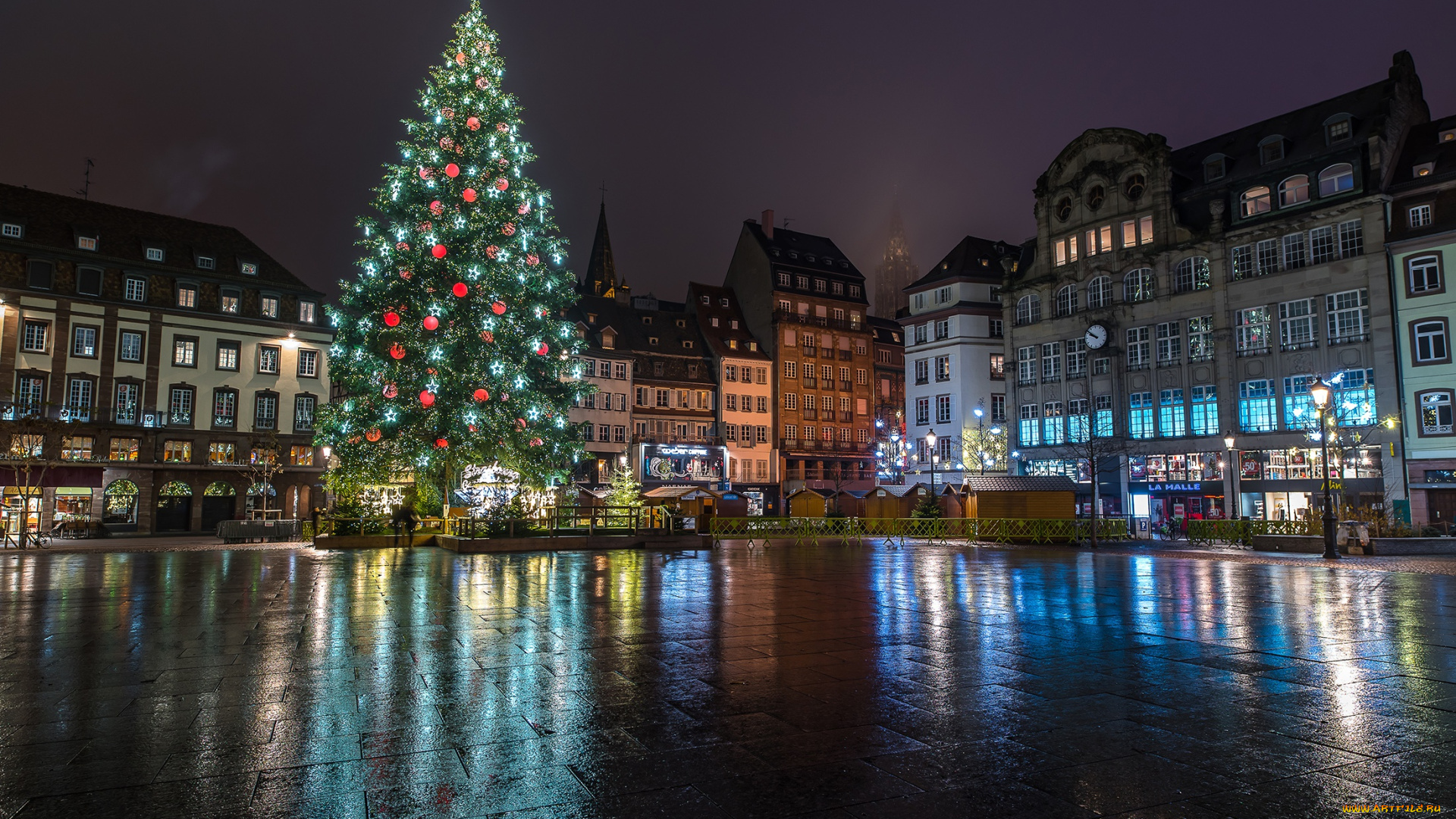 праздничные, Ёлки, елка, украшение, страсбург, ночь, новый, год, гирлянда, площадь, дома, франция, зима, праздник