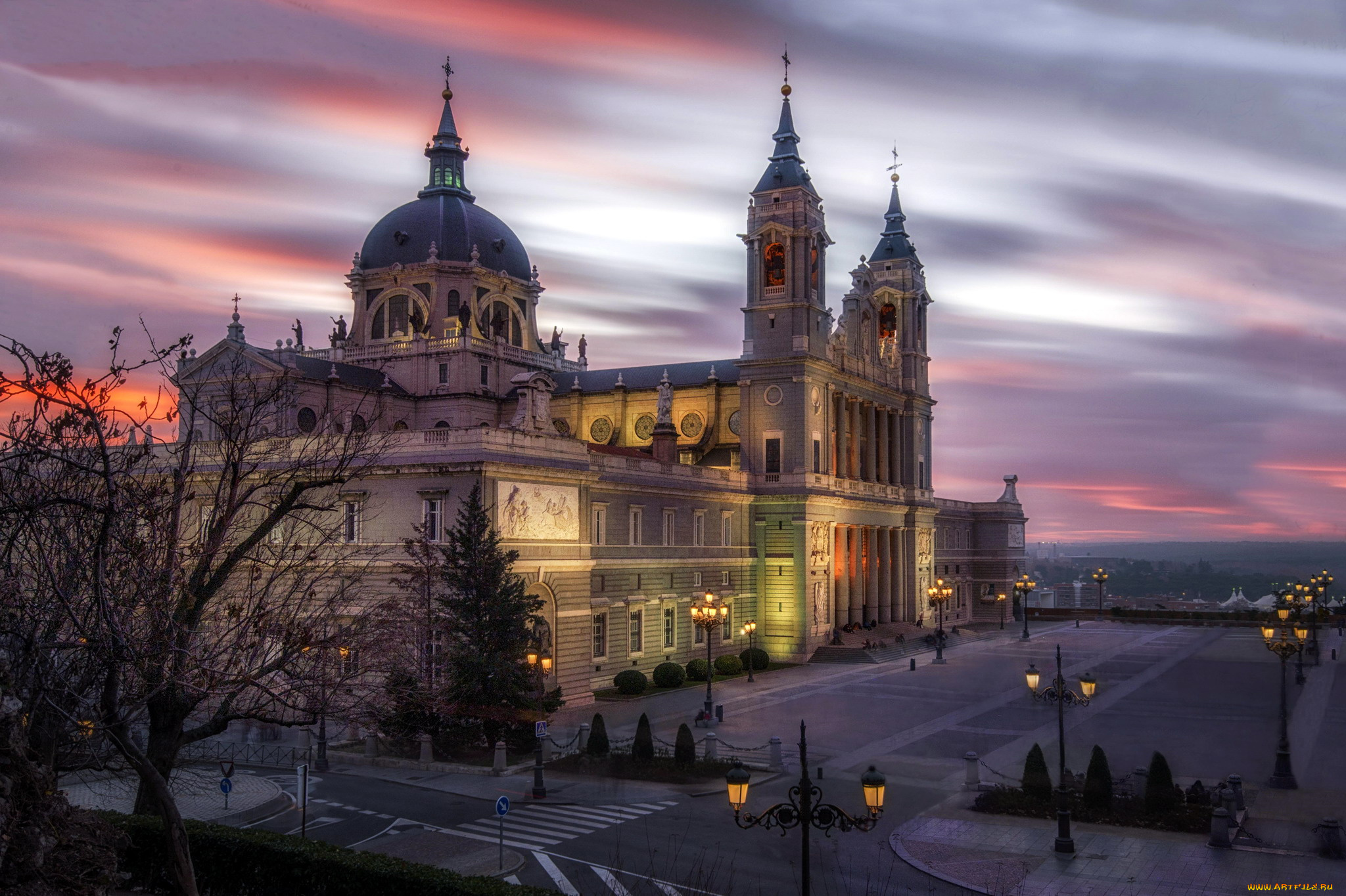 города, мадрид, , испания, вечер, фонари, площадь, собор