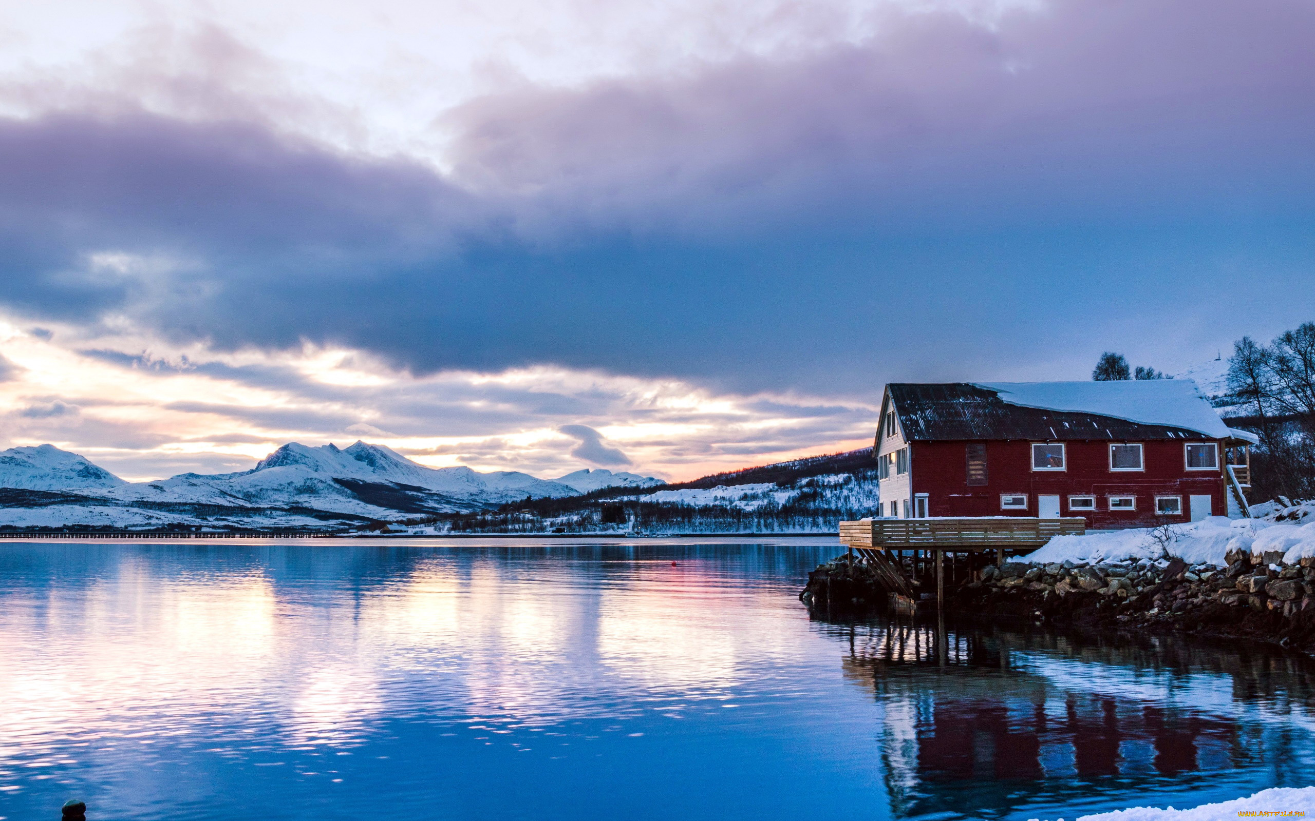 города, -, пейзажи, дом, зима, снег, озеро, горы