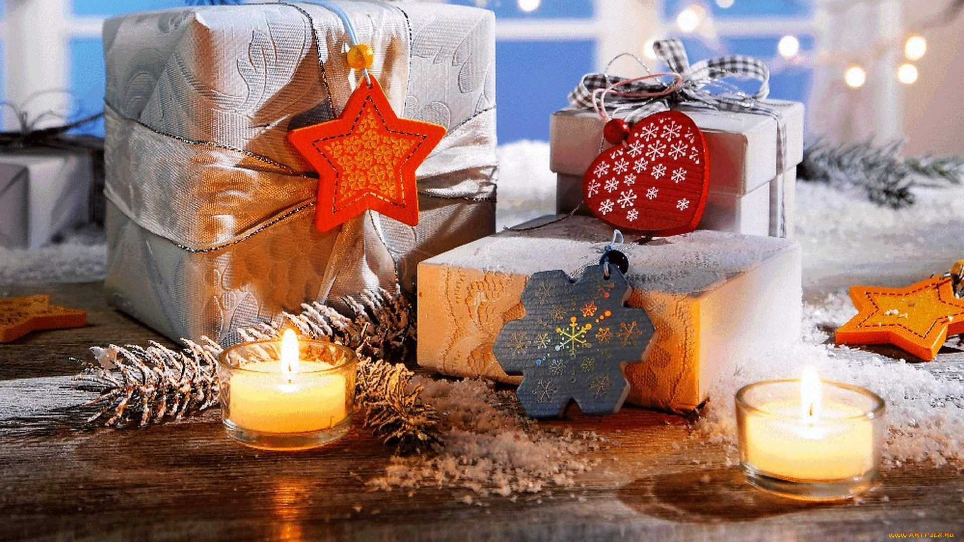праздничные, подарки, и, коробочки, окно, снег, свечи, коробки