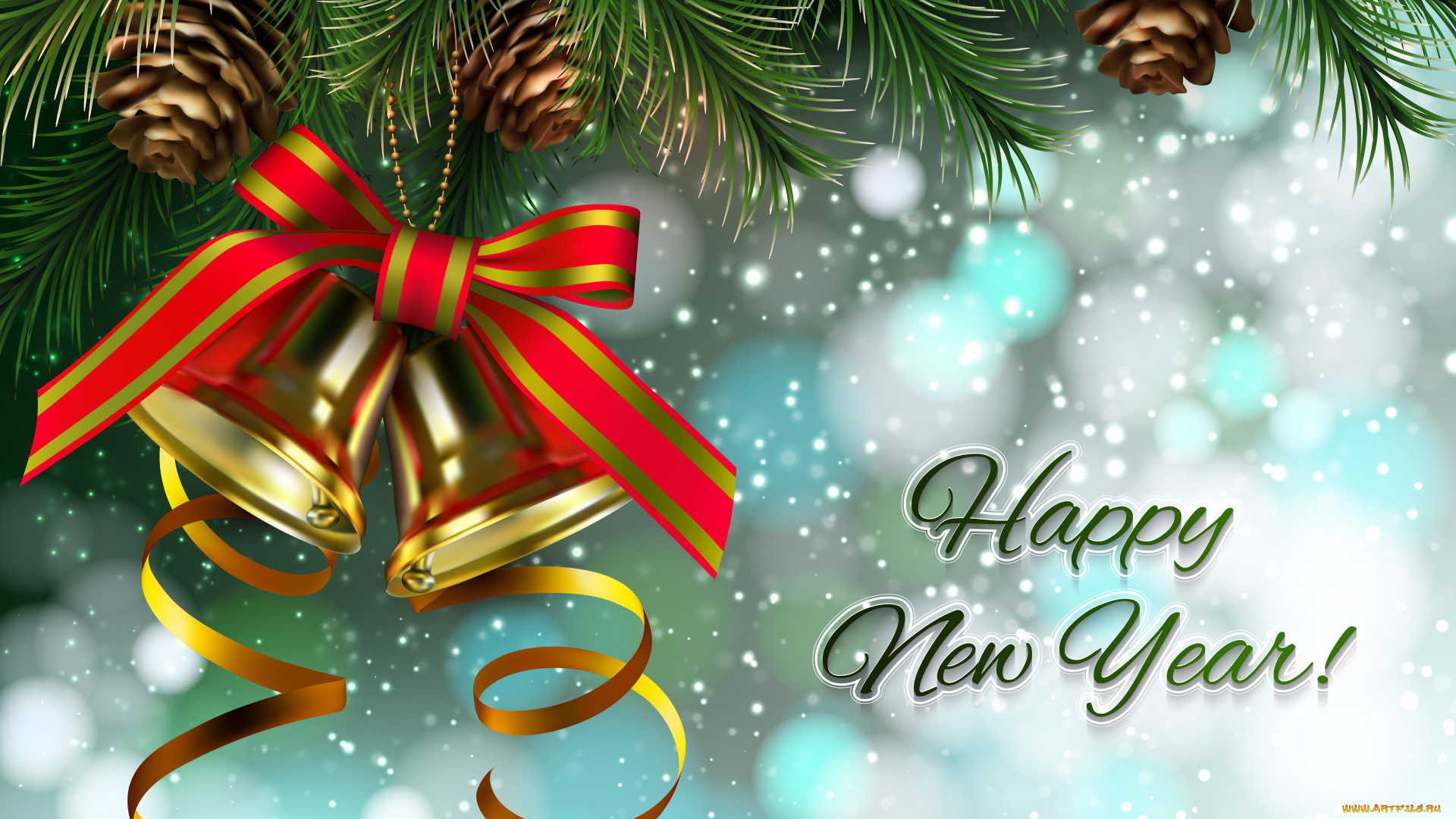 праздничные, векторная, графика, , новый, год, поздравление, снег, бант, колокольчики, шишки, ёлка
