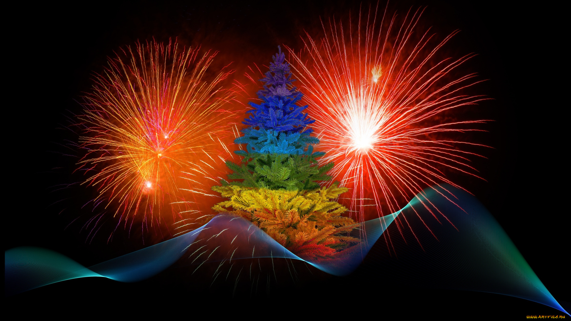 праздничные, Ёлки, новый, год, фон, фейерверк, елка