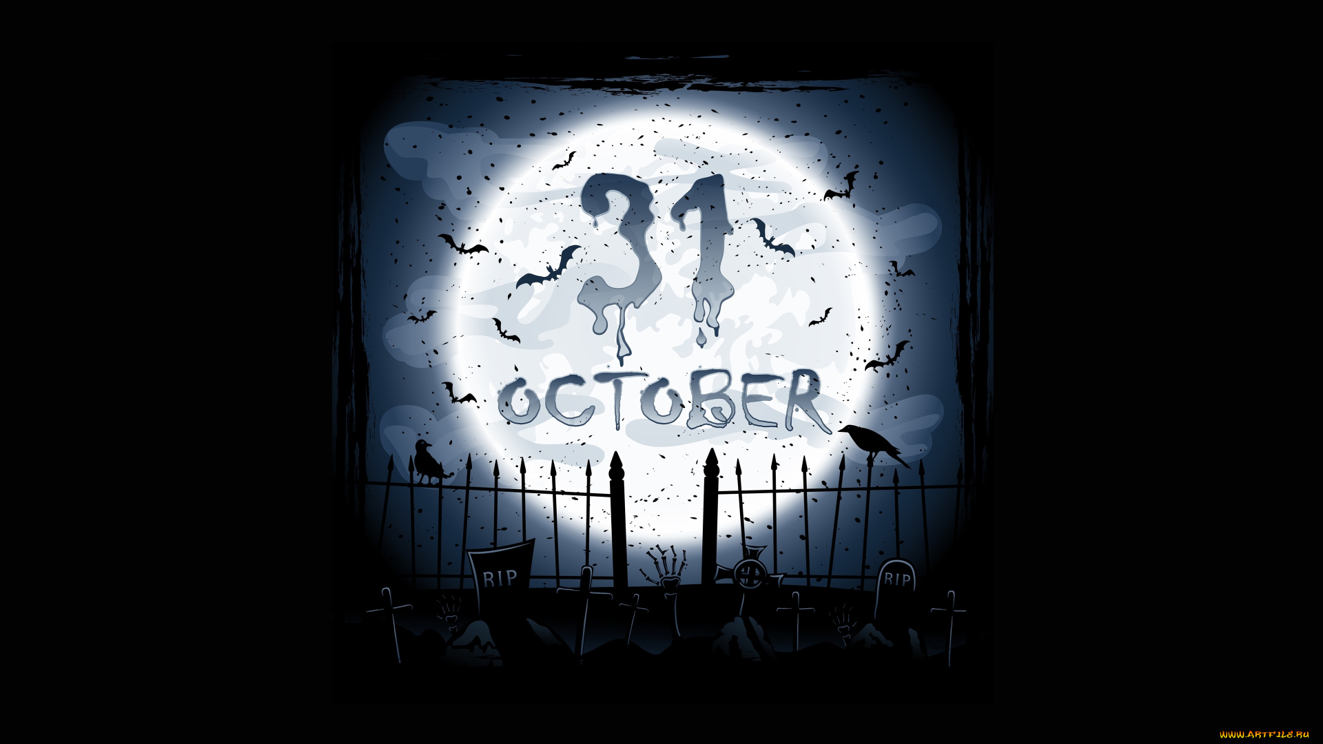 праздничные, хэллоуин, забор, кладбище, птицы, луна