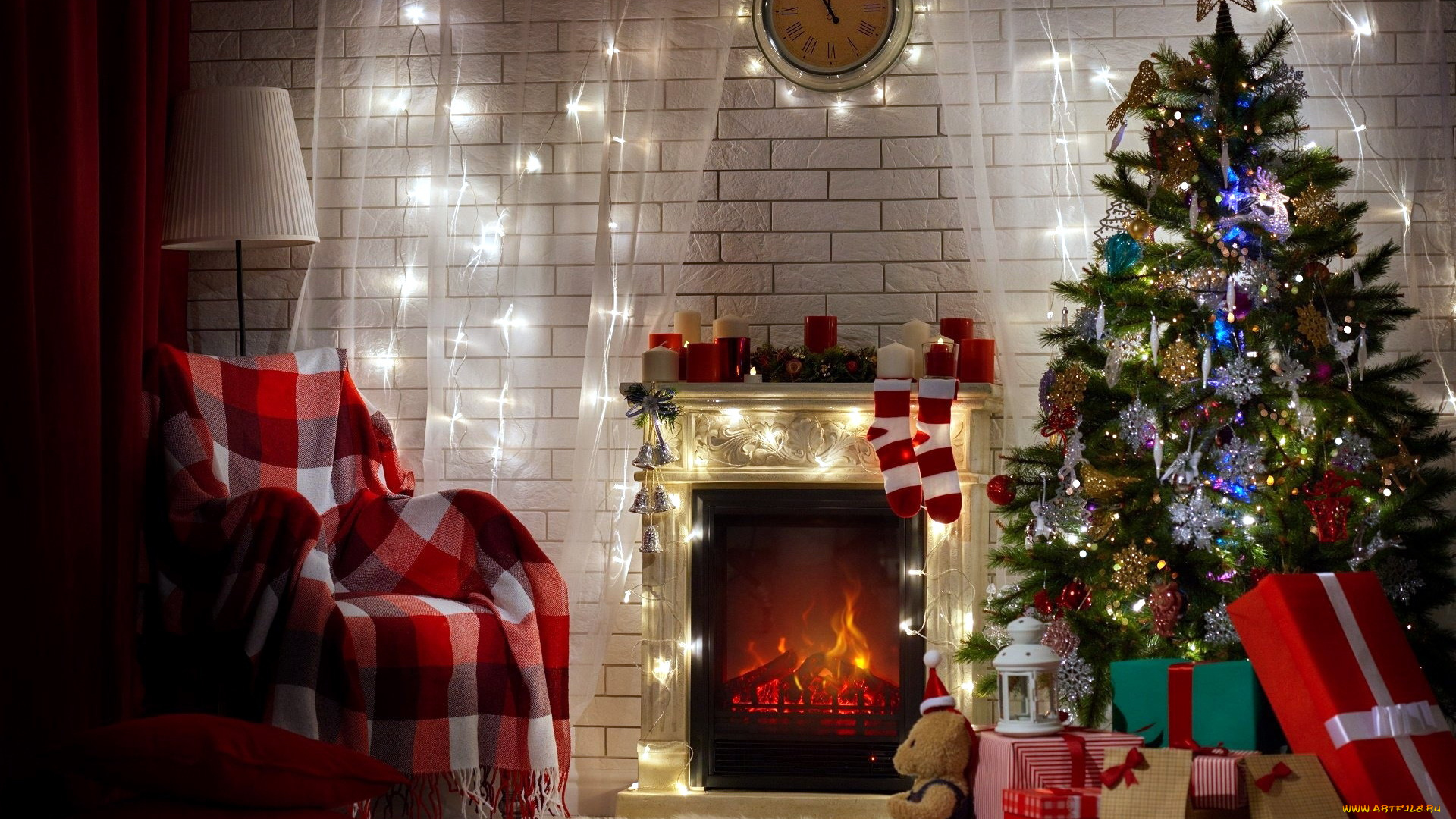 праздничные, новогодний, очаг, камин, елка, подарки, плед, часы