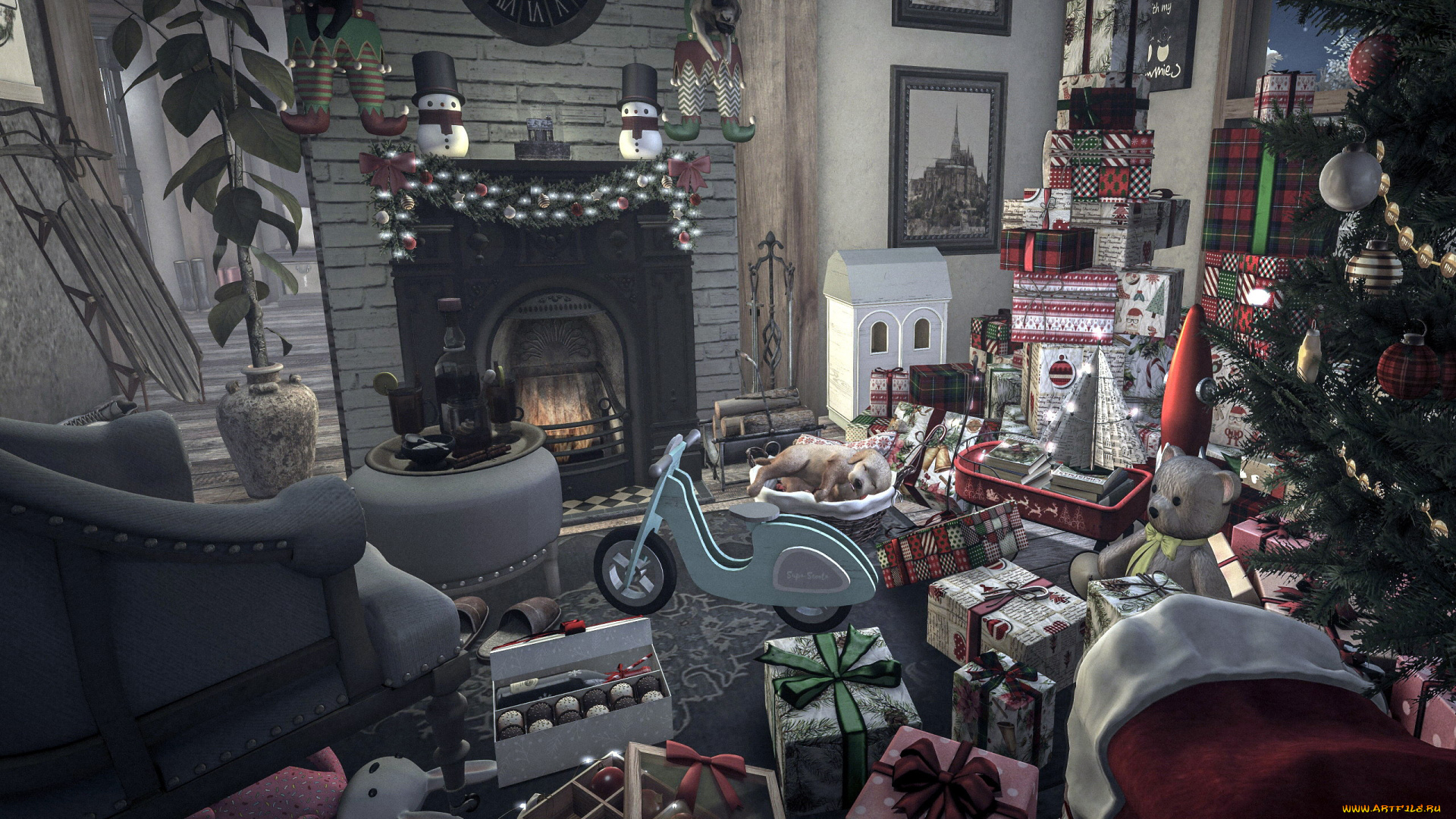 праздничные, новогодний, очаг, камин, елка, подарки