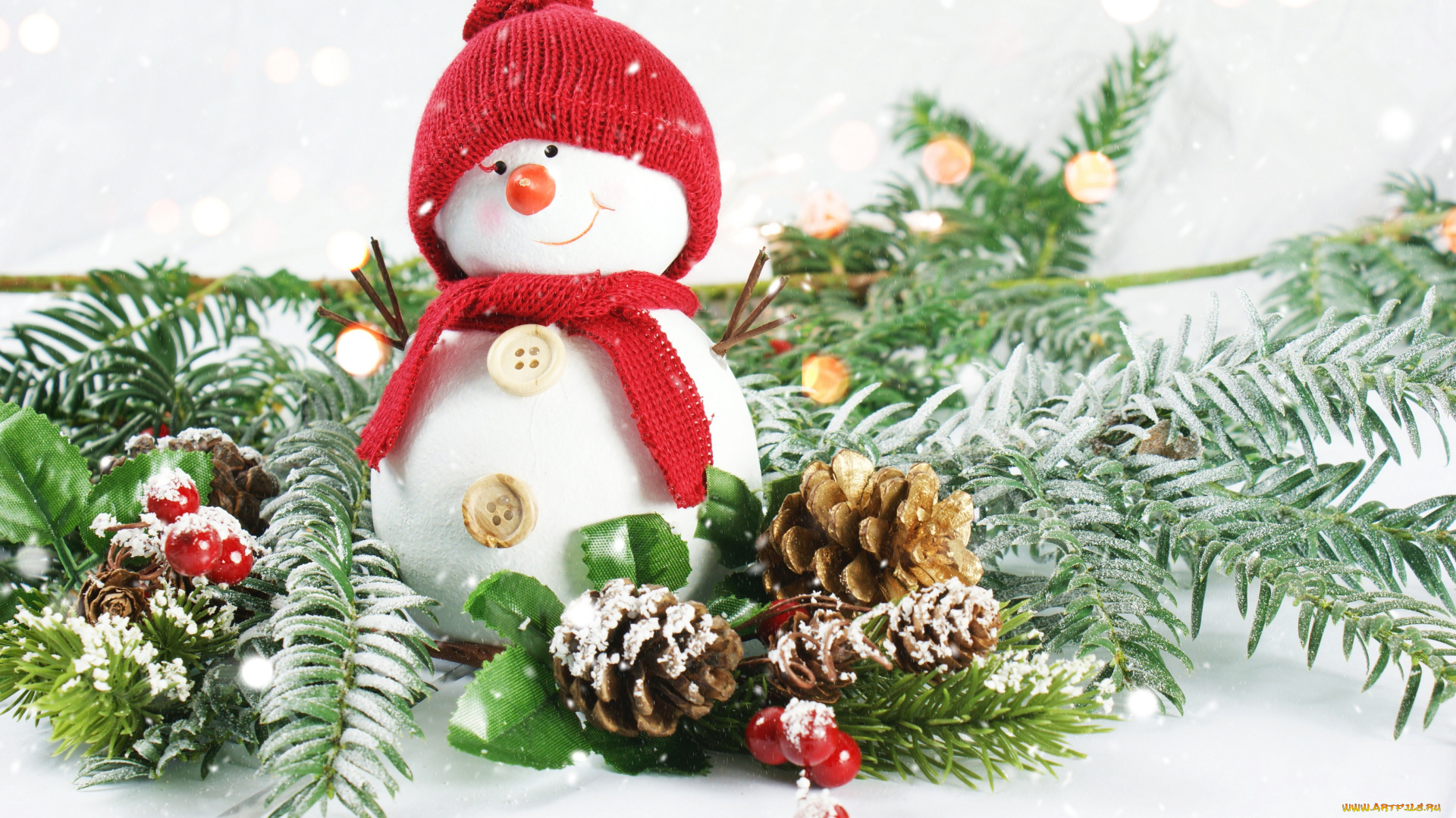 праздничные, снеговики, ёлка, ветка, ягоды, шишки, снеговик