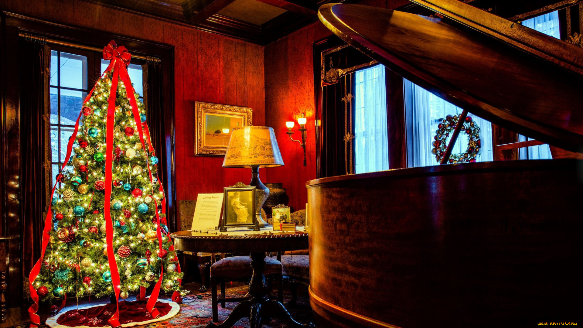 праздничные, ёлки, лампа, лента, елка, рояль