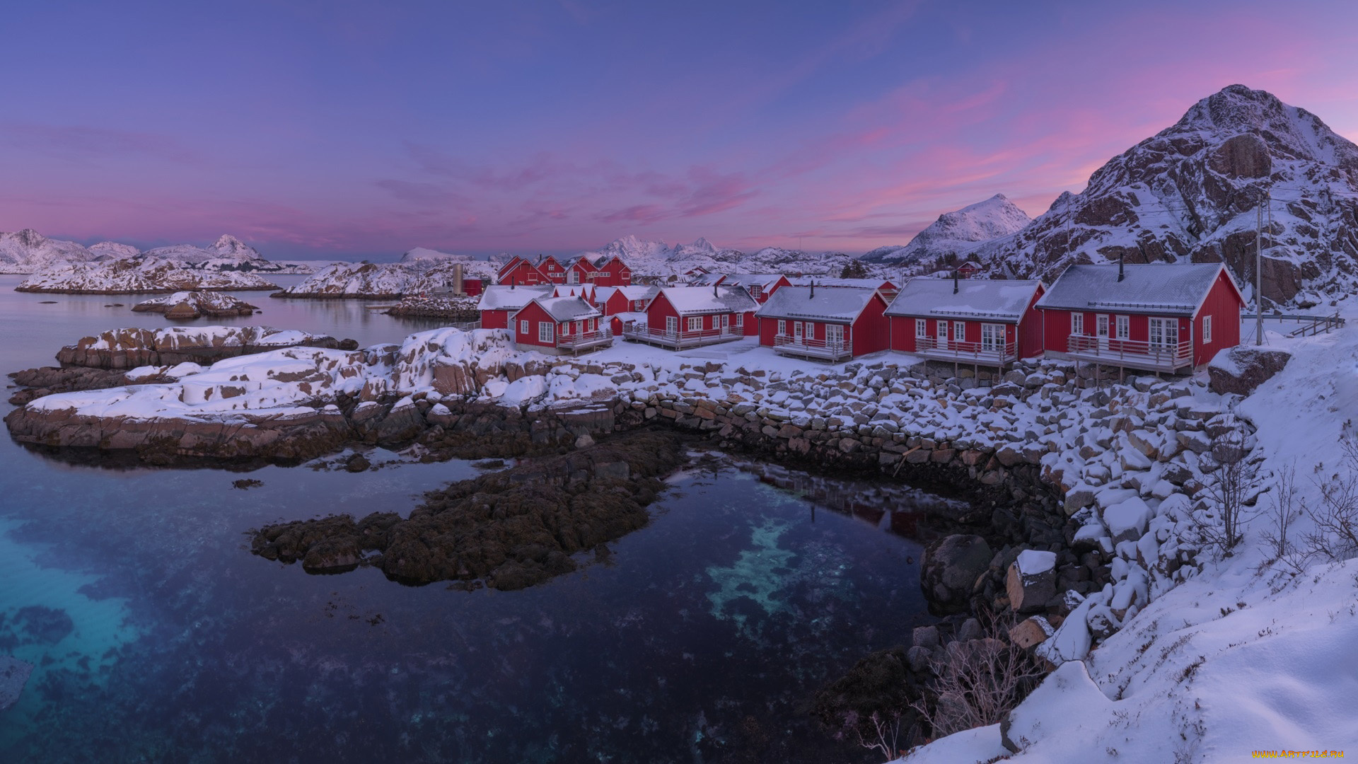 города, лофотенские, острова, , норвегия, фьорды, дома, снег, зима, вечер