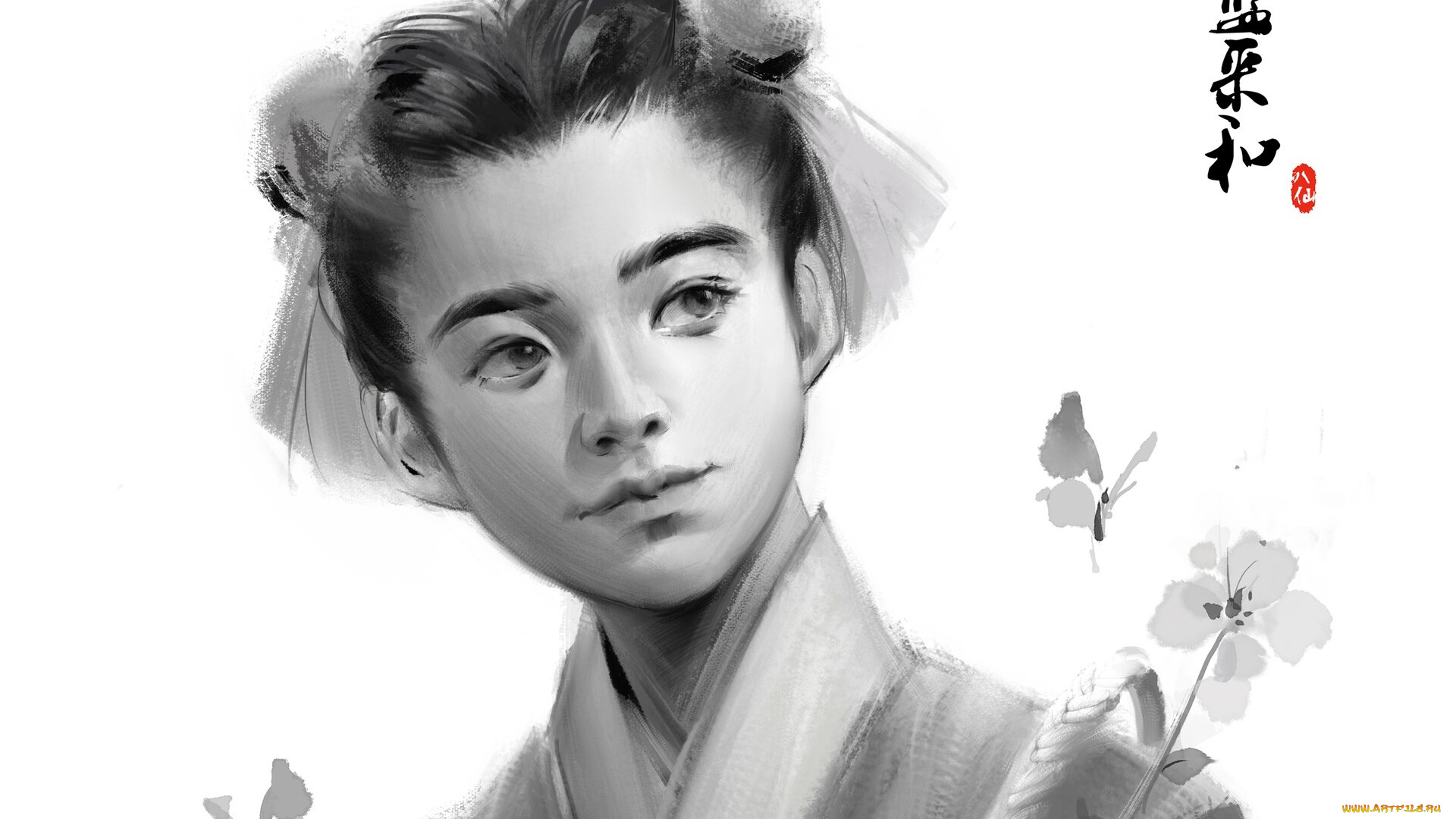 рисованное, люди, девушка, бабочки, цветок, бессмертная