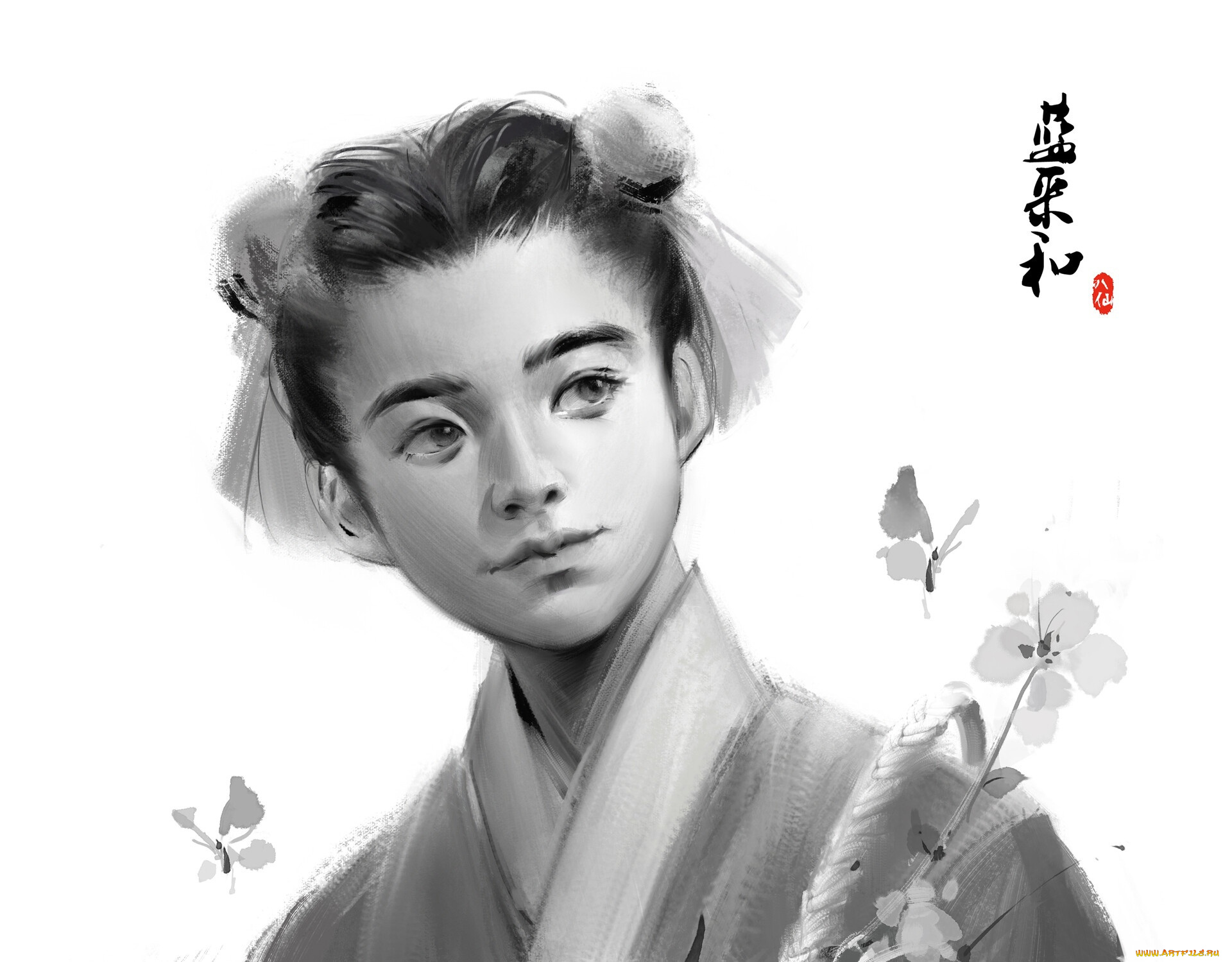 рисованное, люди, девушка, бабочки, цветок, бессмертная