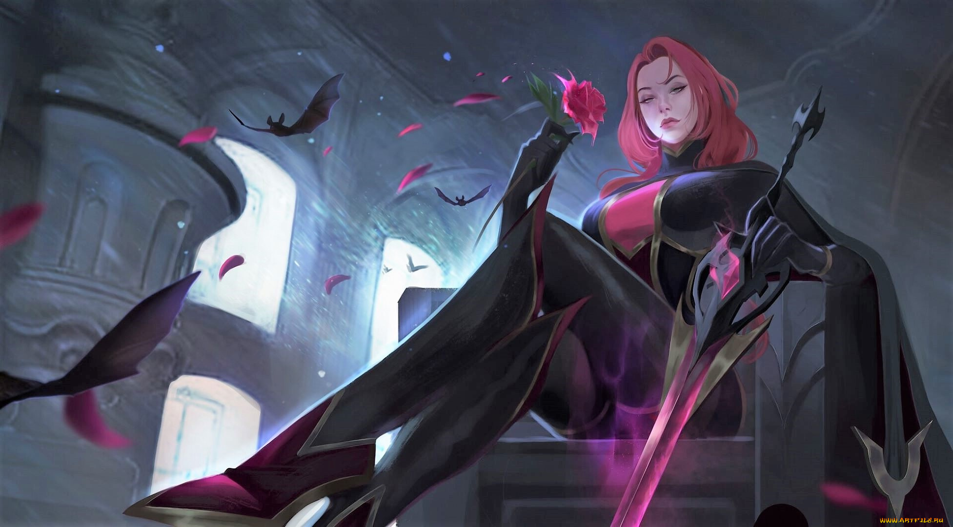 фэнтези, девушки, девушка, кресло, меч, летучие, мыши, роза