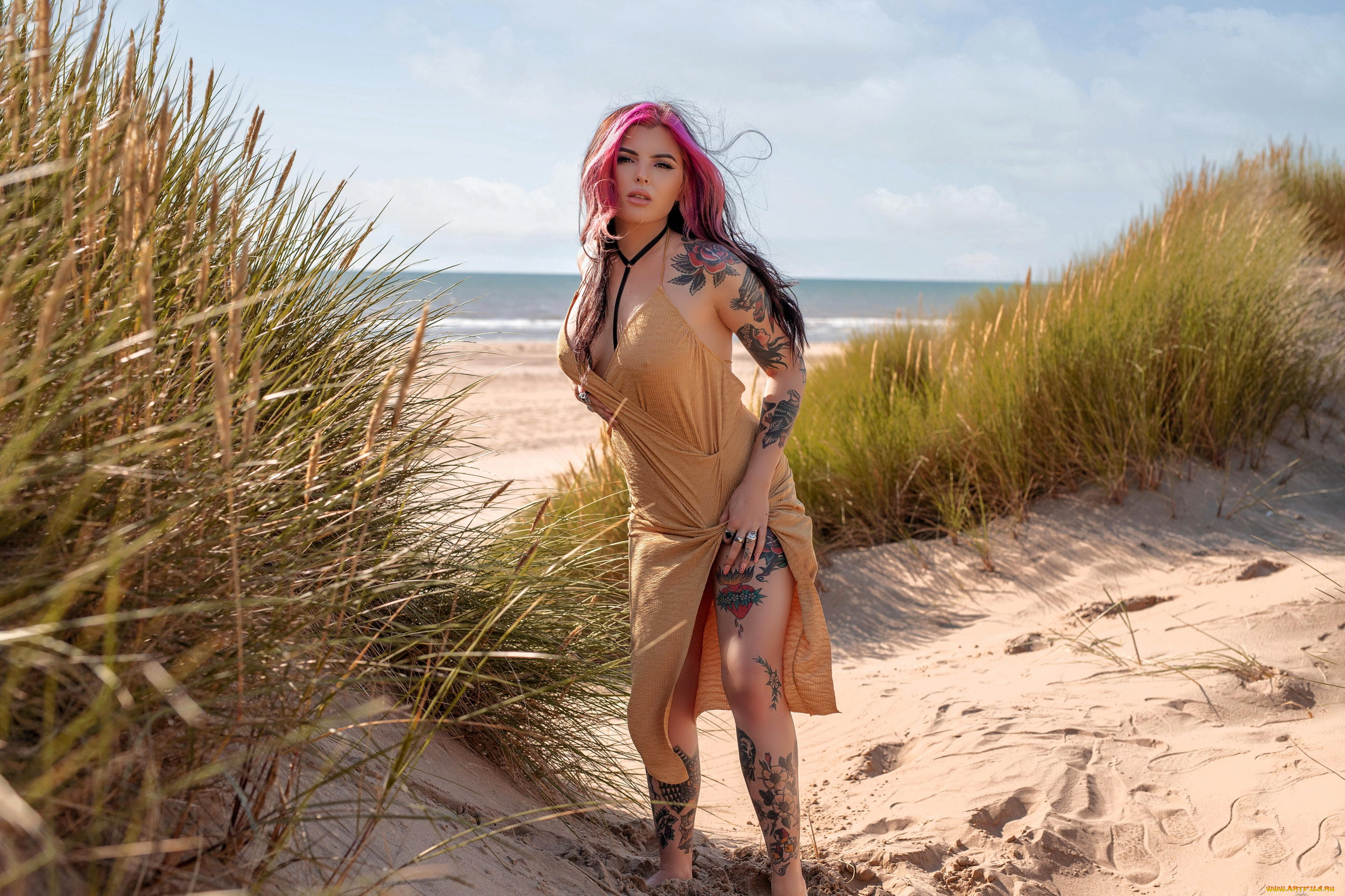 девушки, -, рыжеволосые, и, разноцветные, море, дюны, тату