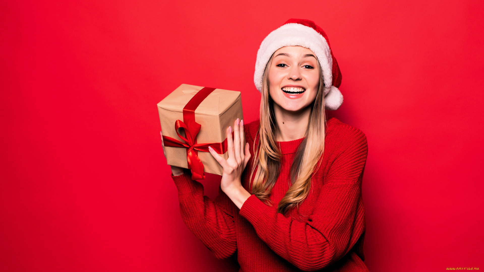 девушки, -, блондинки, , светловолосые, блондинка, шапка, свитер, подарок, коробка