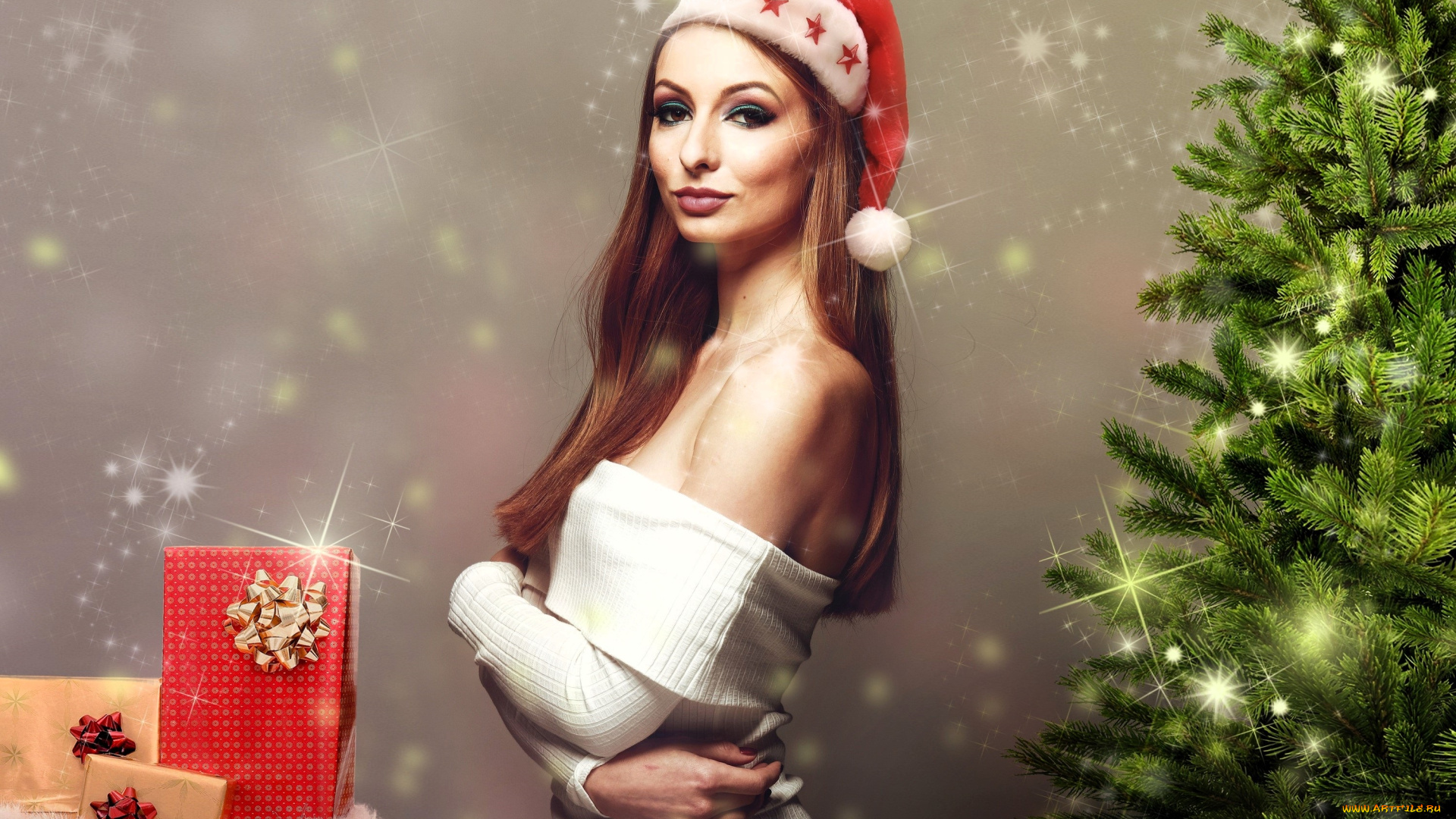 девушки, -, брюнетки, , шатенки, шатенка, шапка, свитер, подарки, ёлка