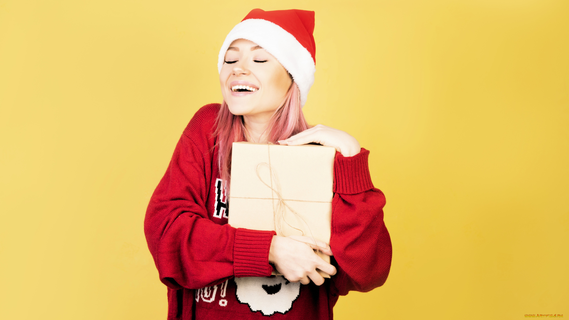 девушки, -, рыжеволосые, и, разноцветные, розовые, волосы, шапка, свитер, подарок