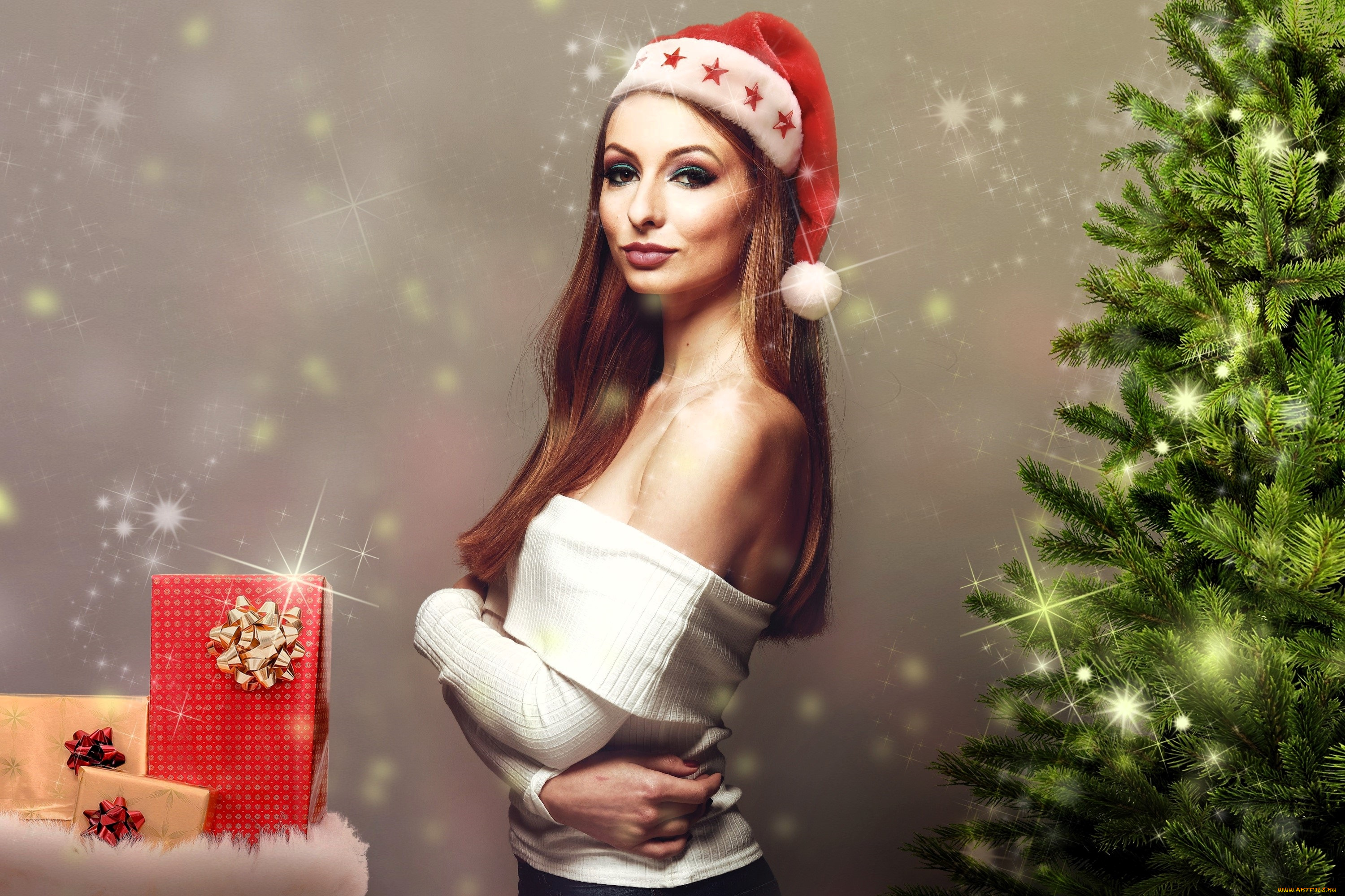 девушки, -, брюнетки, , шатенки, шатенка, шапка, свитер, подарки, ёлка