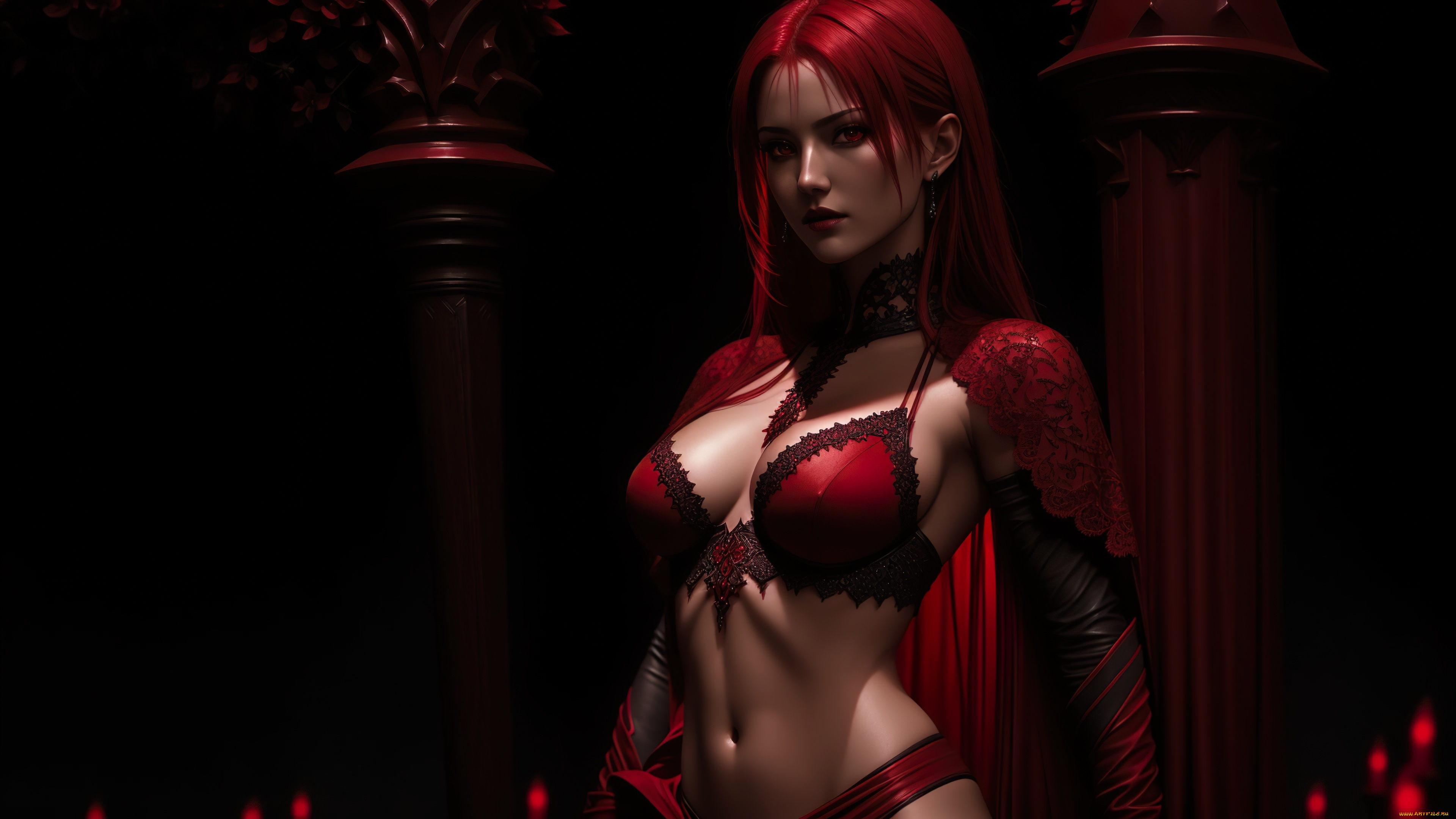 нейросеть, 3д, графика, фантазия, , fantasy, girl, red, hair, night, art, digital