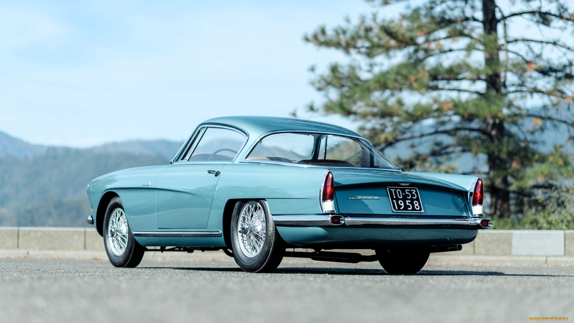 автомобили, aston, martin, ретро, голубой, площадка, дерево