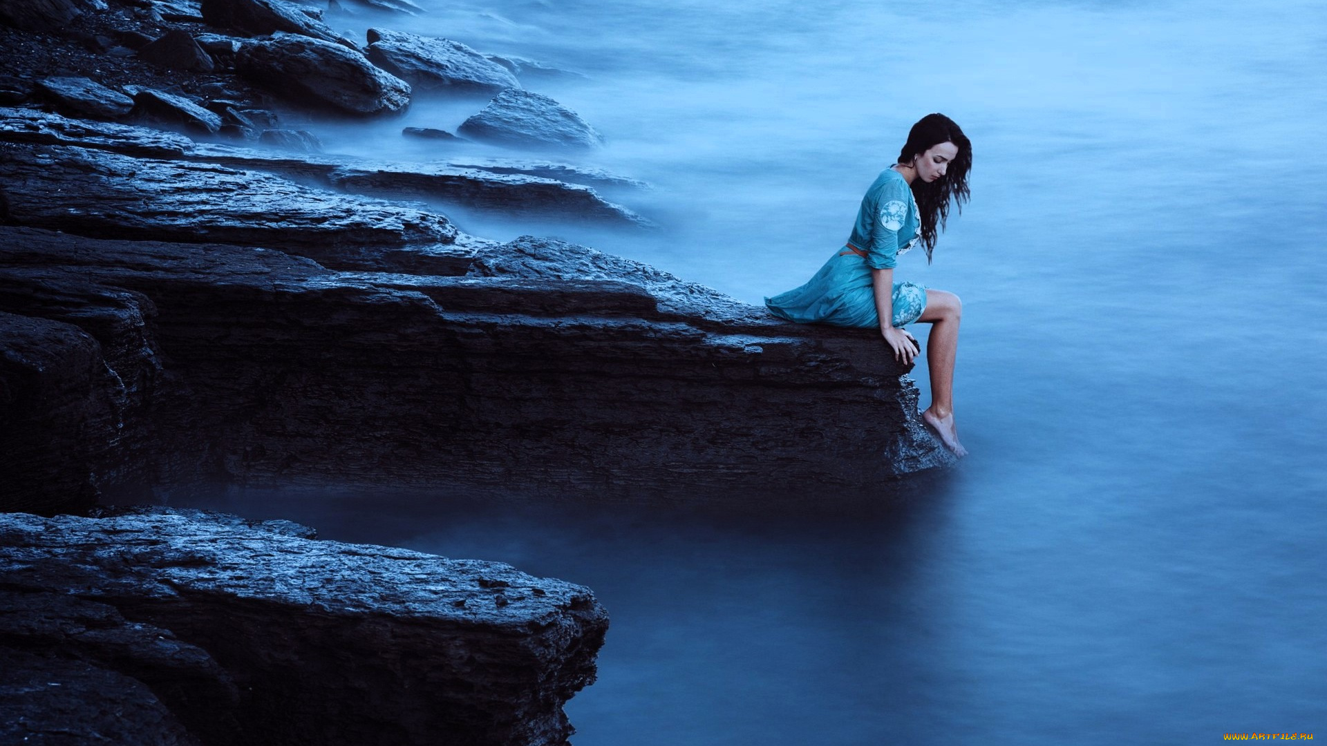 девушки, -, брюнетки, , шатенки, брюнетка, платье, вода, скалы