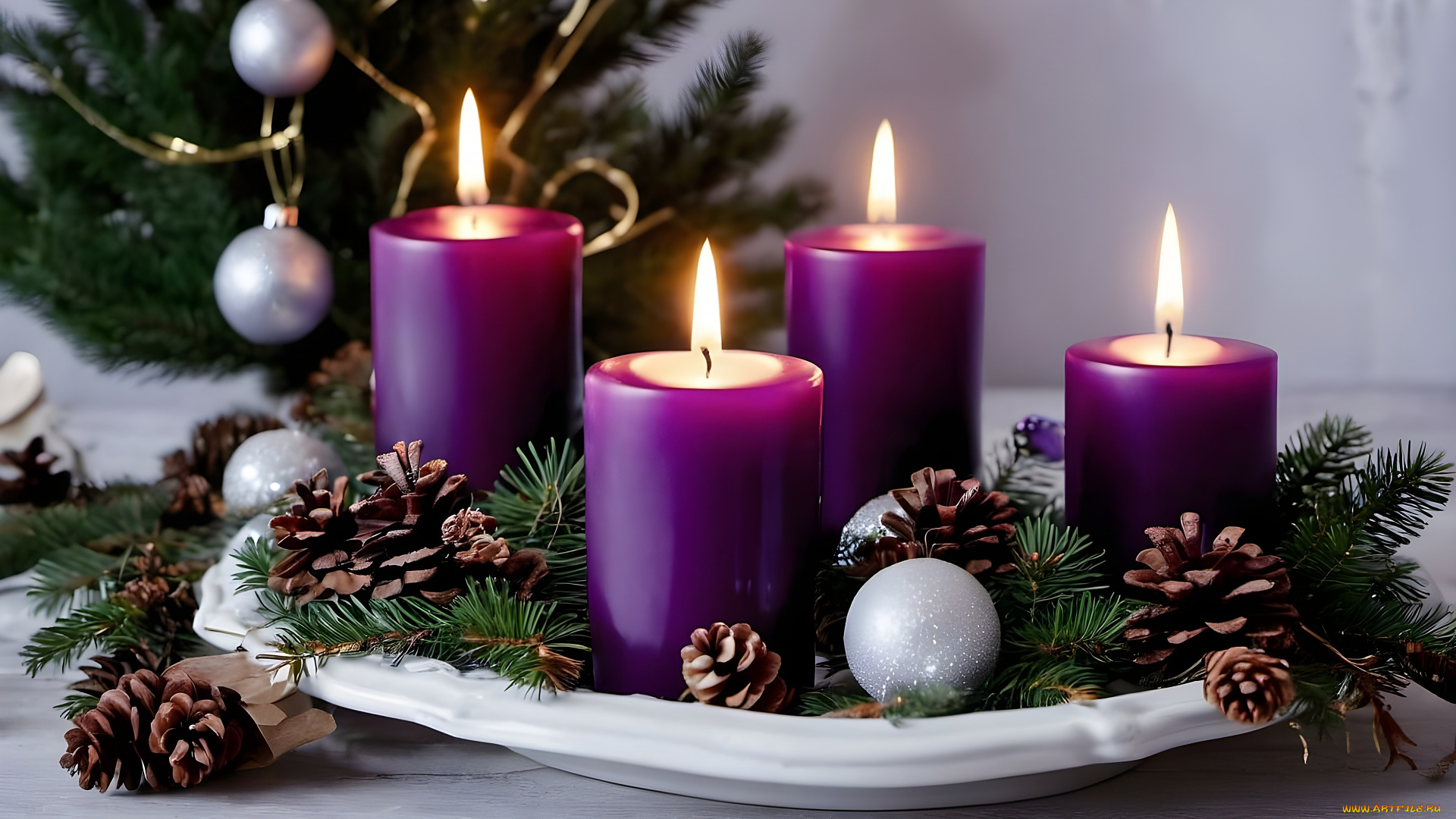 праздничные, новогодние, свечи, композиция, свечи, еловые, ветки