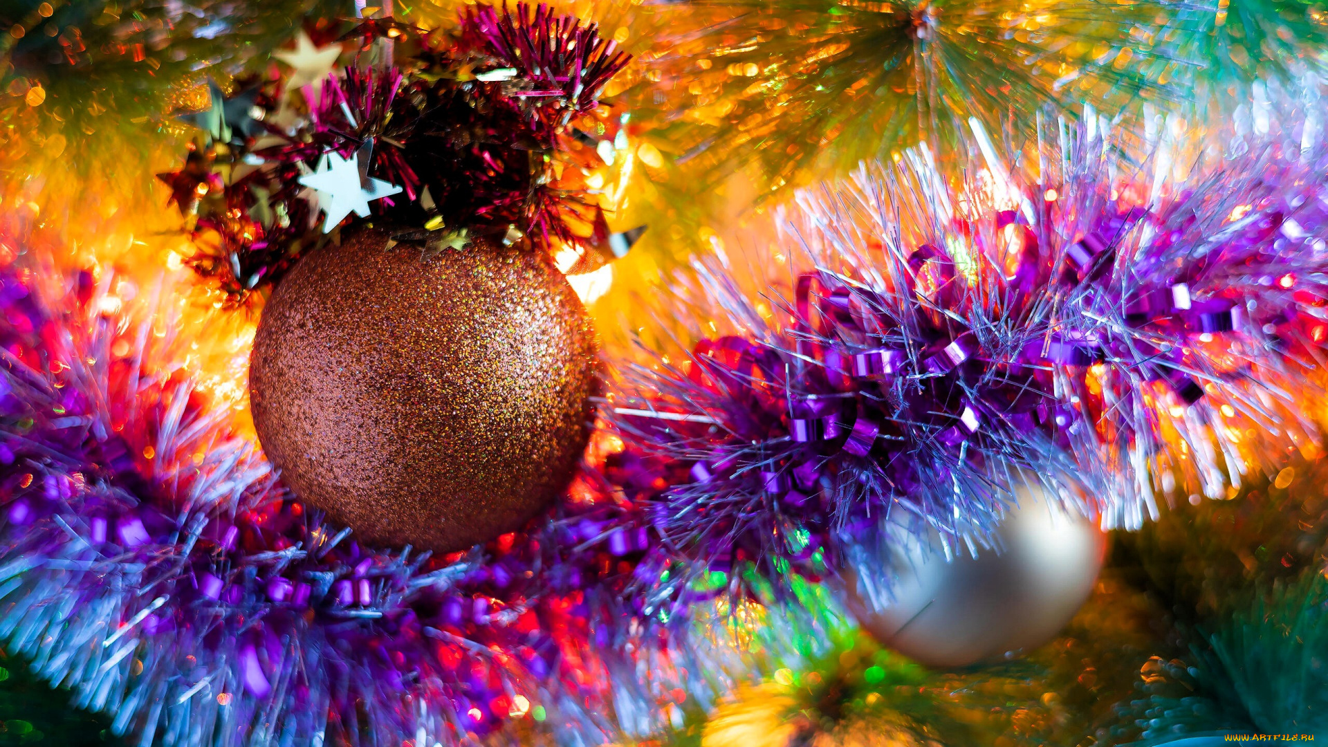 праздничные, украшения, шар, ёлка, огни, блики, мишура