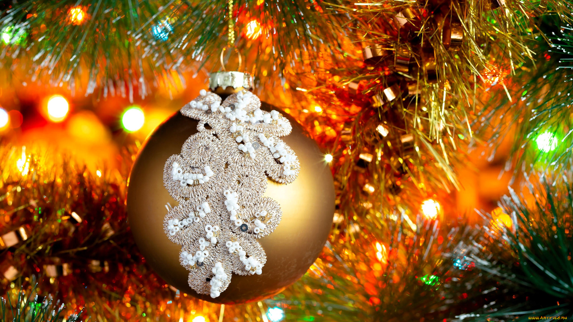 праздничные, украшения, шар, ёлка, огни, блики, мишура
