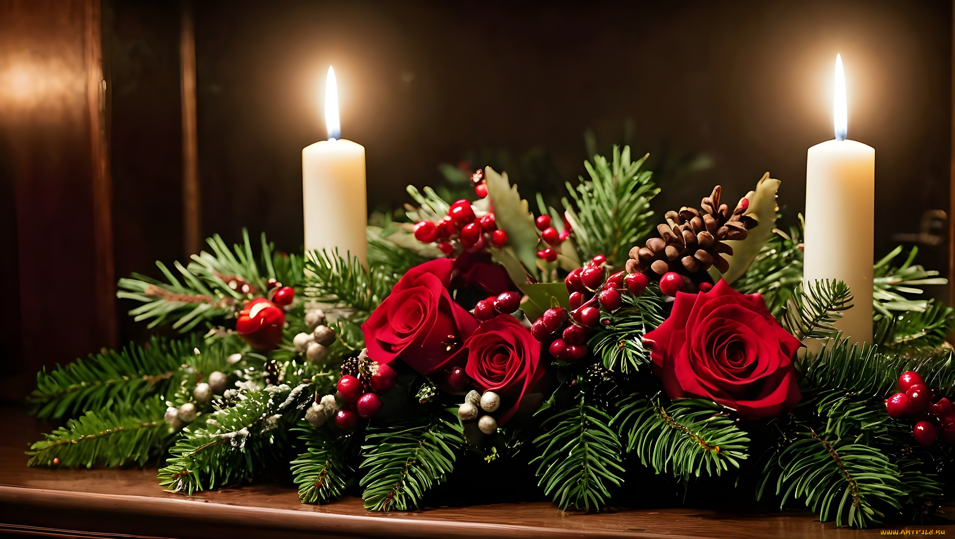 праздничные, новогодние, свечи, композиция, свечи, еловые, ветки