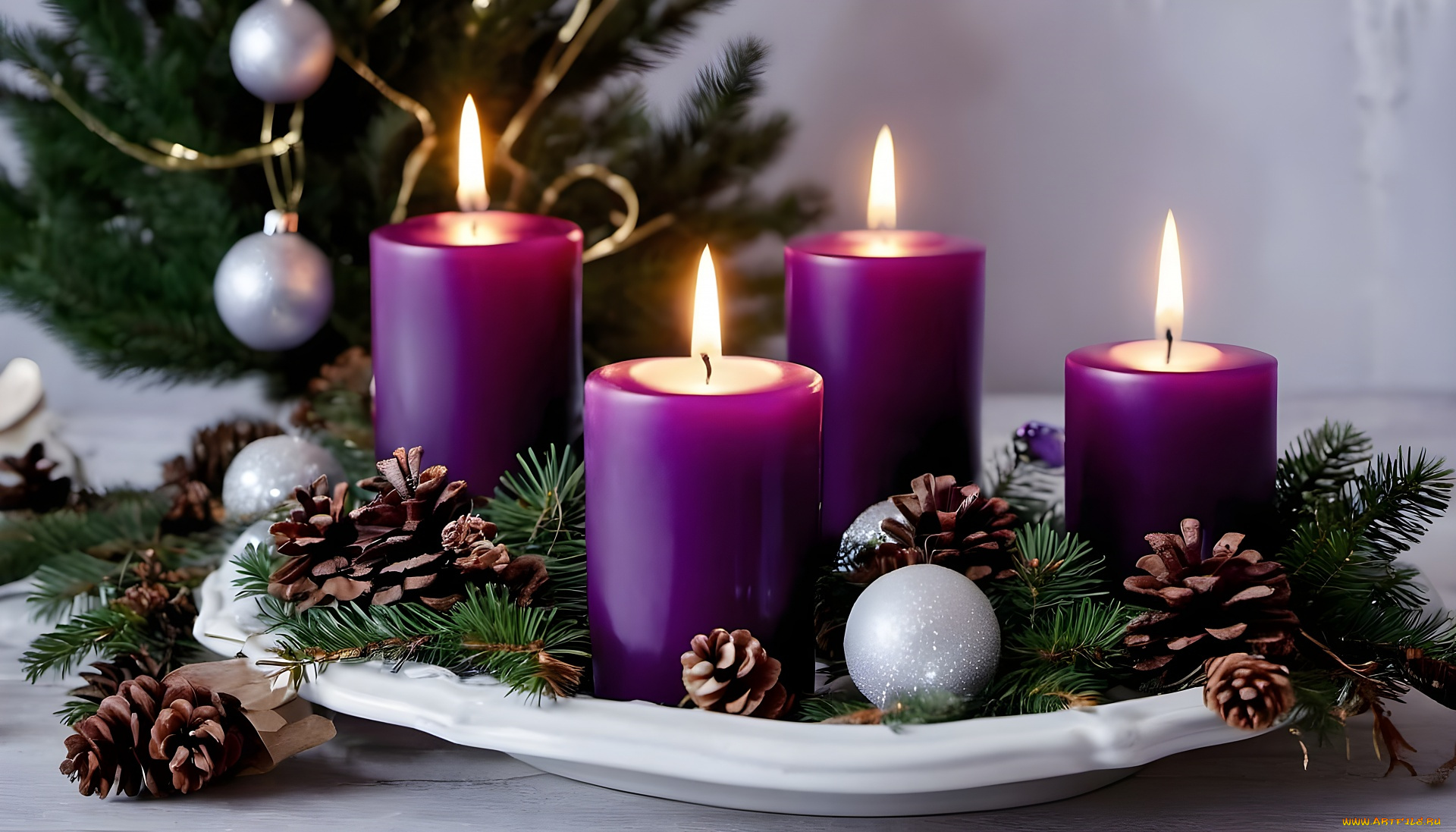 праздничные, новогодние, свечи, композиция, свечи, еловые, ветки