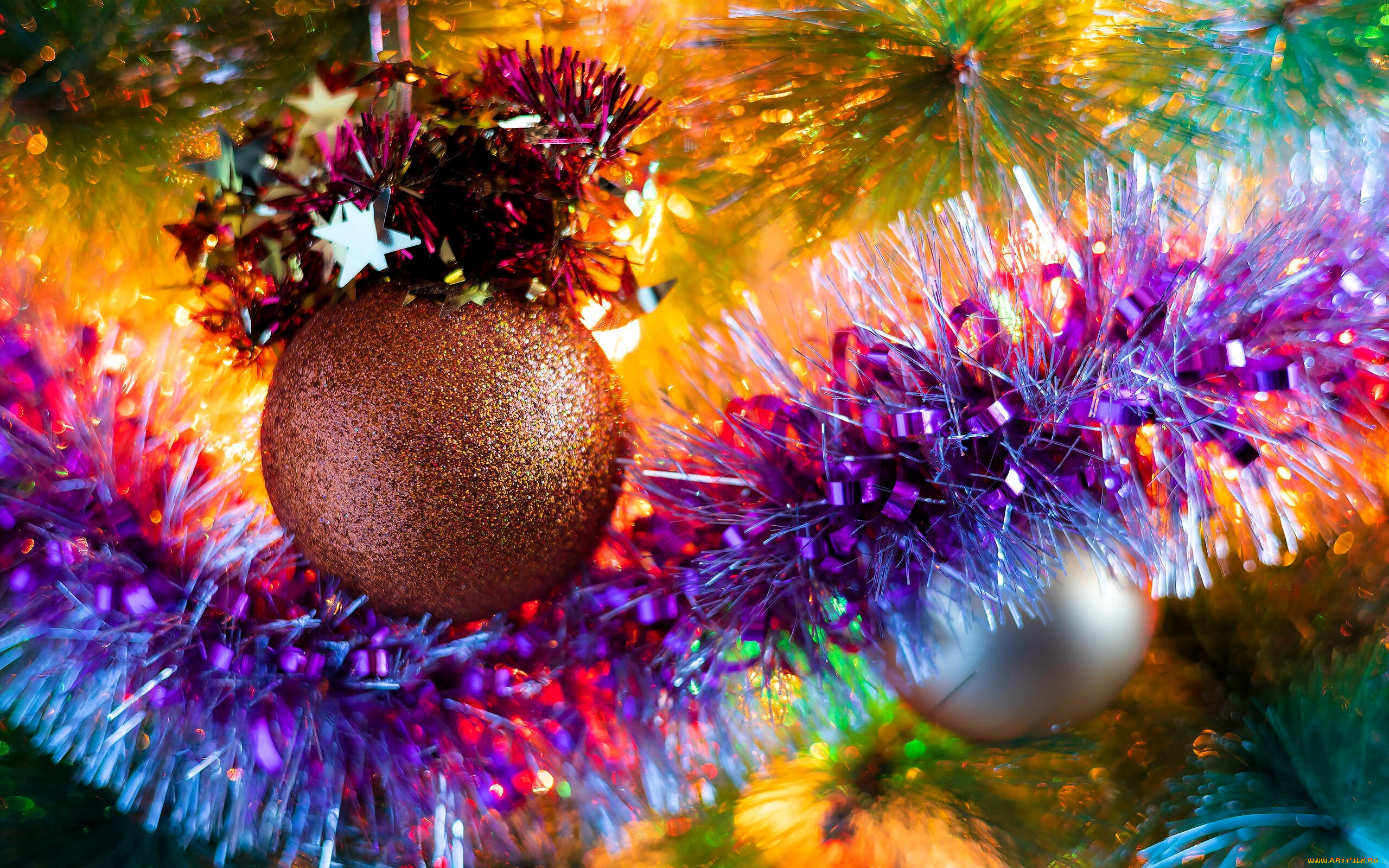 праздничные, украшения, шар, ёлка, огни, блики, мишура
