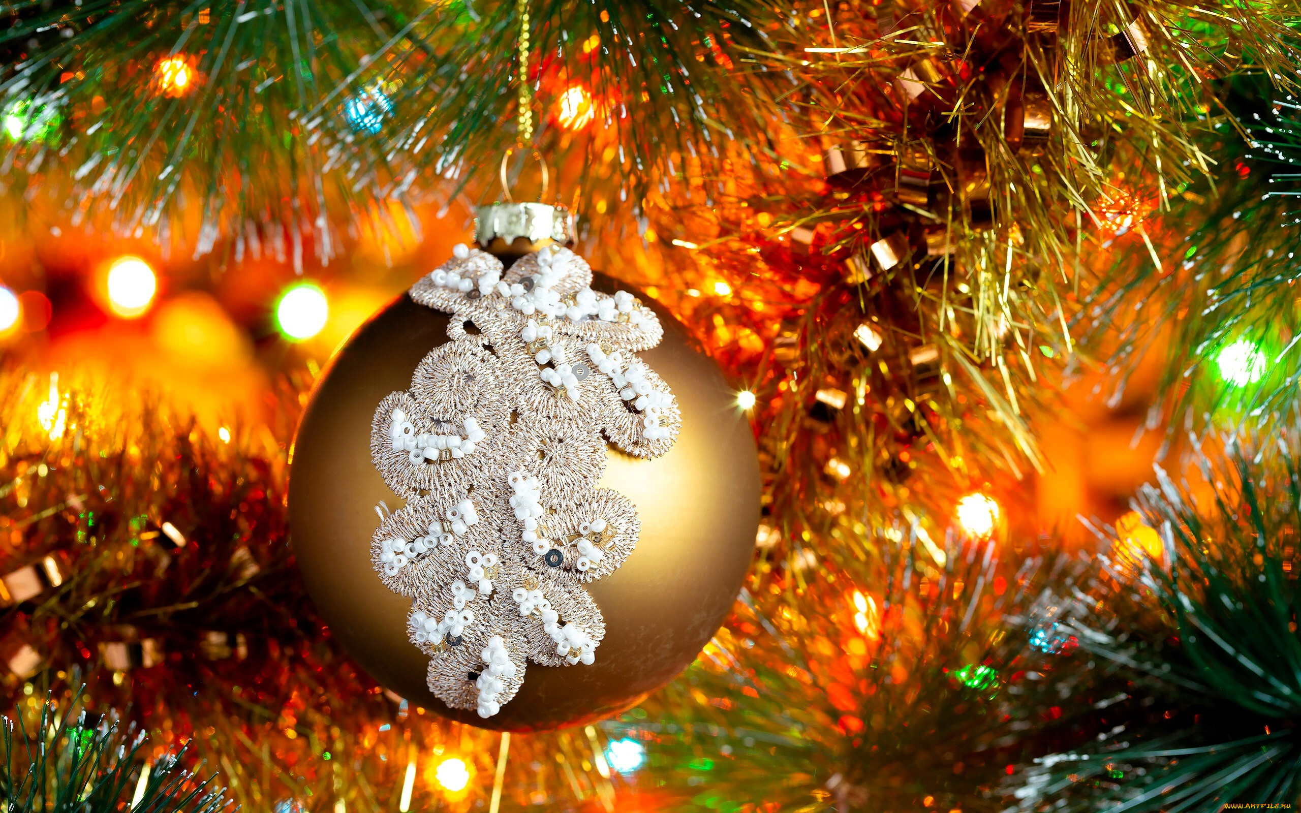 праздничные, украшения, шар, ёлка, огни, блики, мишура