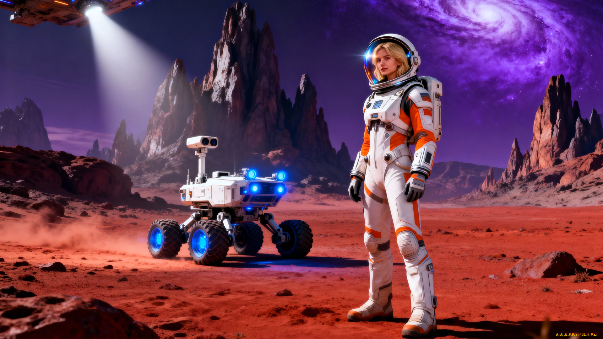 3д, графика, научная, фантастика, , science, fiction, девушка, скафандр, космос, планеты, луноход, горы, транспортник