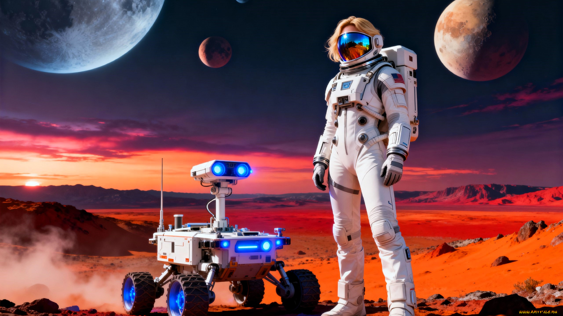 3д, графика, научная, фантастика, , science, fiction, девушка, скафандр, космос, планеты, луноход, закат