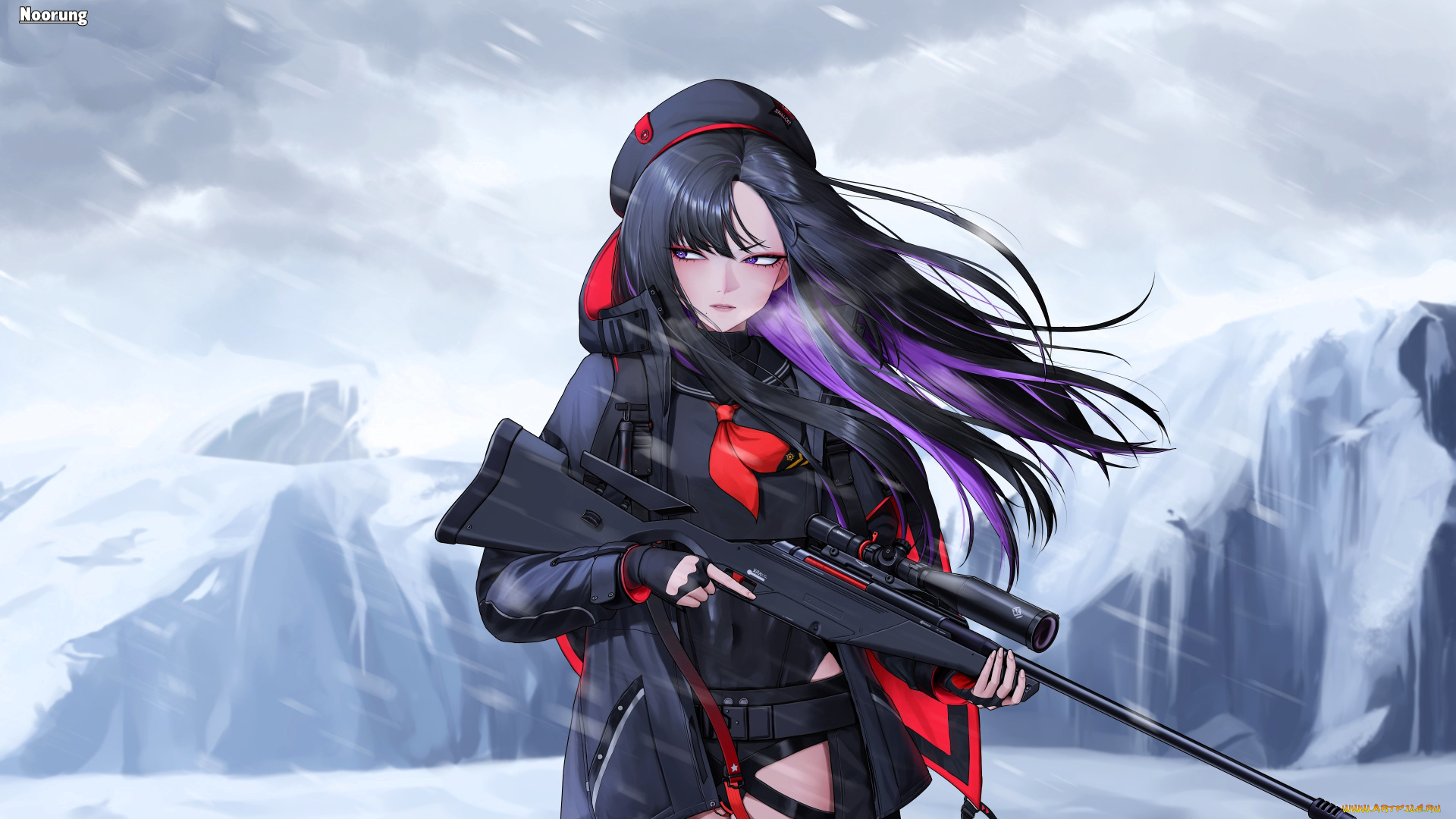 аниме, оружие, , техника, , технологии, девушка, берет, плащ, винтовка, снег, скалы
