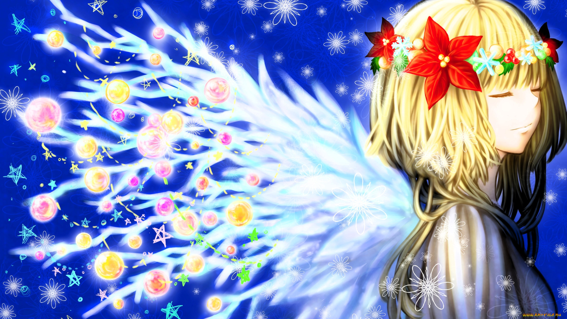 аниме, зима, , новый, год, , рождество, девочка, блондинка, венок, крылья, украшения, снежинки