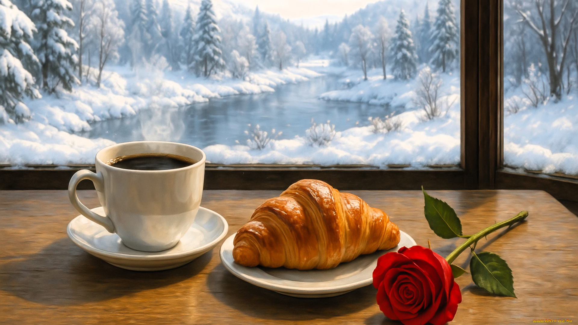 рисованное, еда, окно, природа, снег, зима, горы, лес, река, круассан, чашка, кофе, блюдца, роза