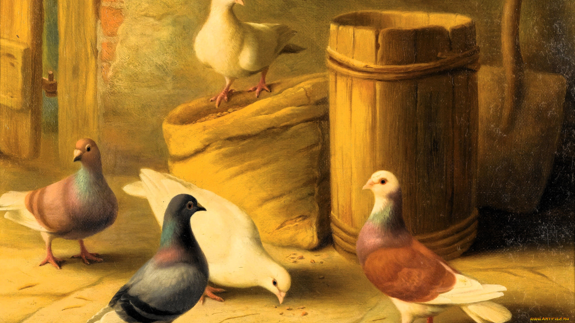 рисованное, edgar, hunt, голуби, мешок, бочка, сарай