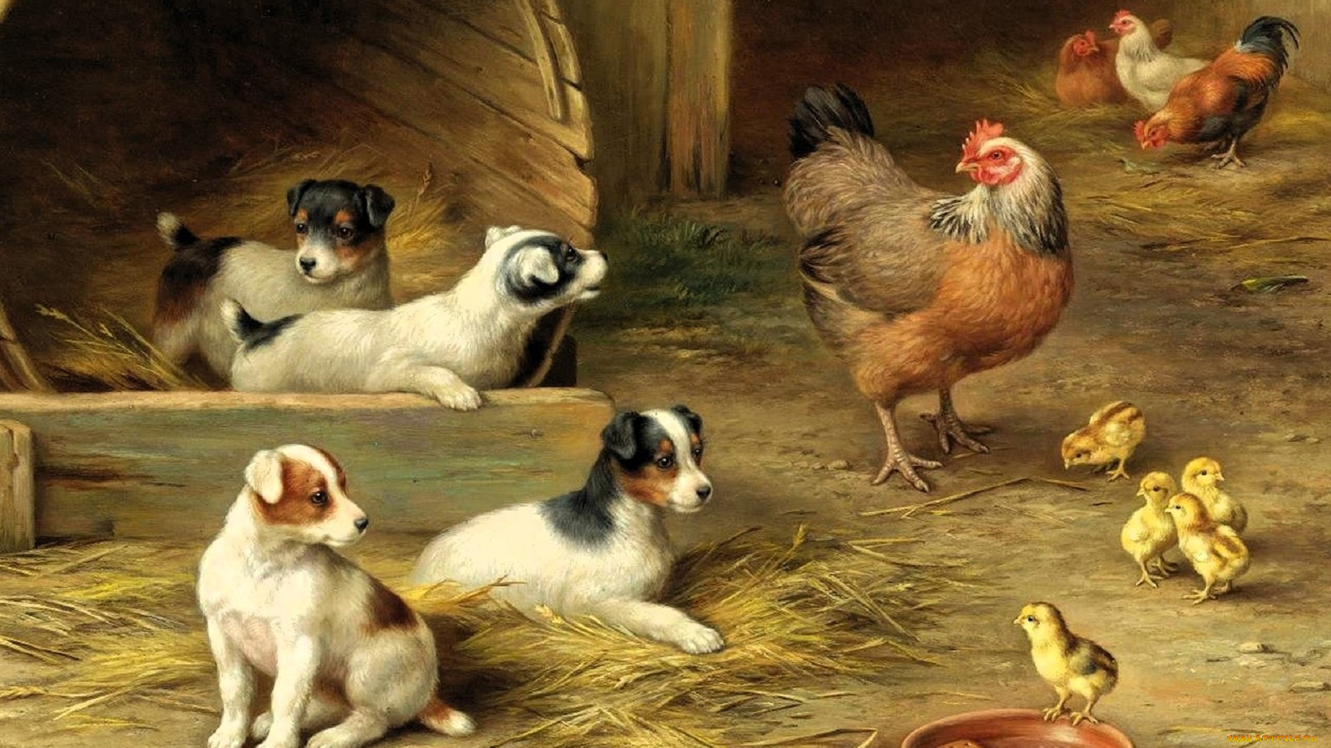 рисованное, edgar, hunt, куры, цыплята, миска, щенки, сено, конура