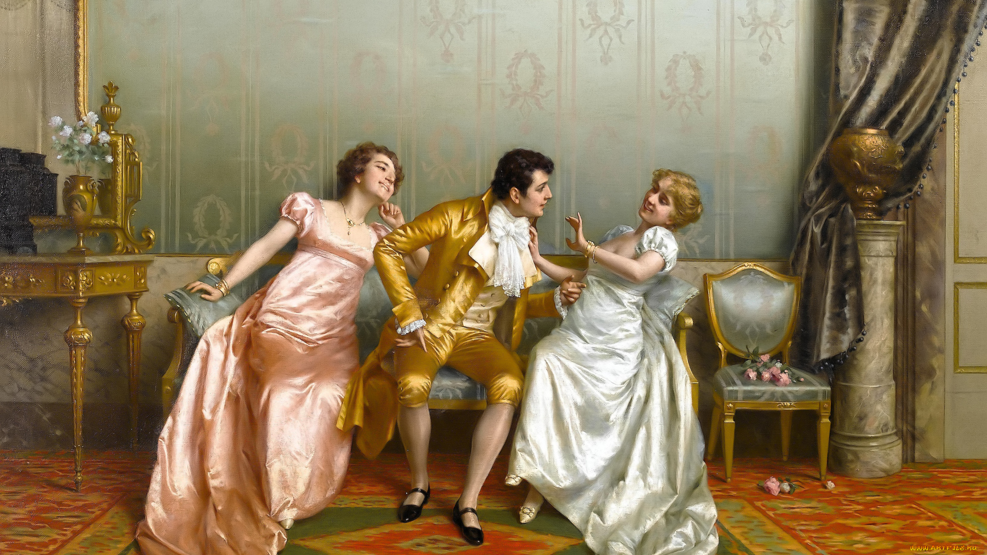 рисованное, vittorio, reggianini, дамы, джентельмен, диван, ковер, салон