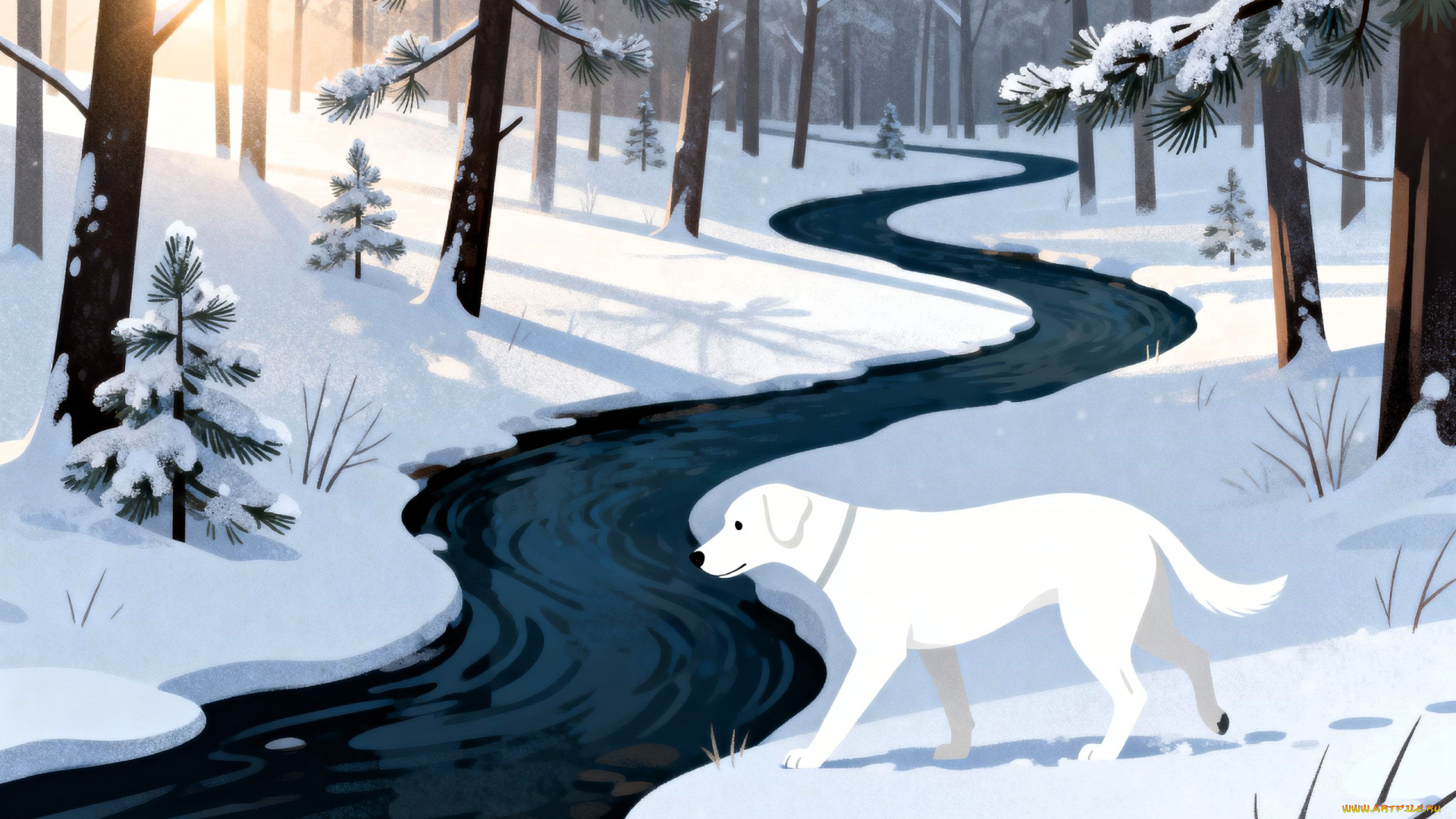 рисованное, животные, , собаки, собака, белая, река, лес, зима, снег