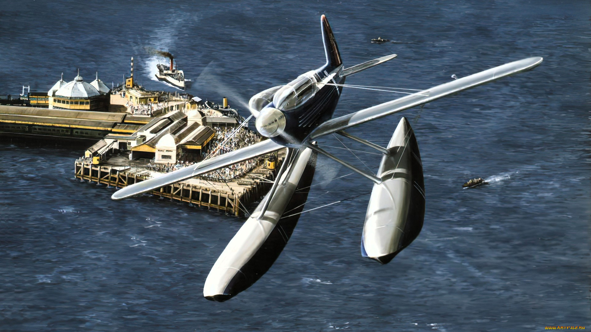 видео, игры, ---другое, гидросамолет, полет, море, катера, мост, люди, постройки