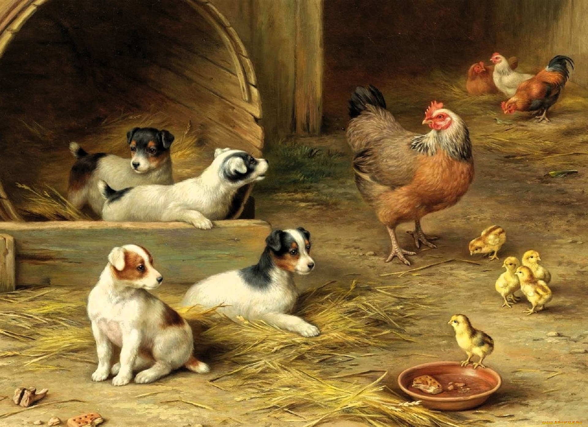 рисованное, edgar, hunt, куры, цыплята, миска, щенки, сено, конура