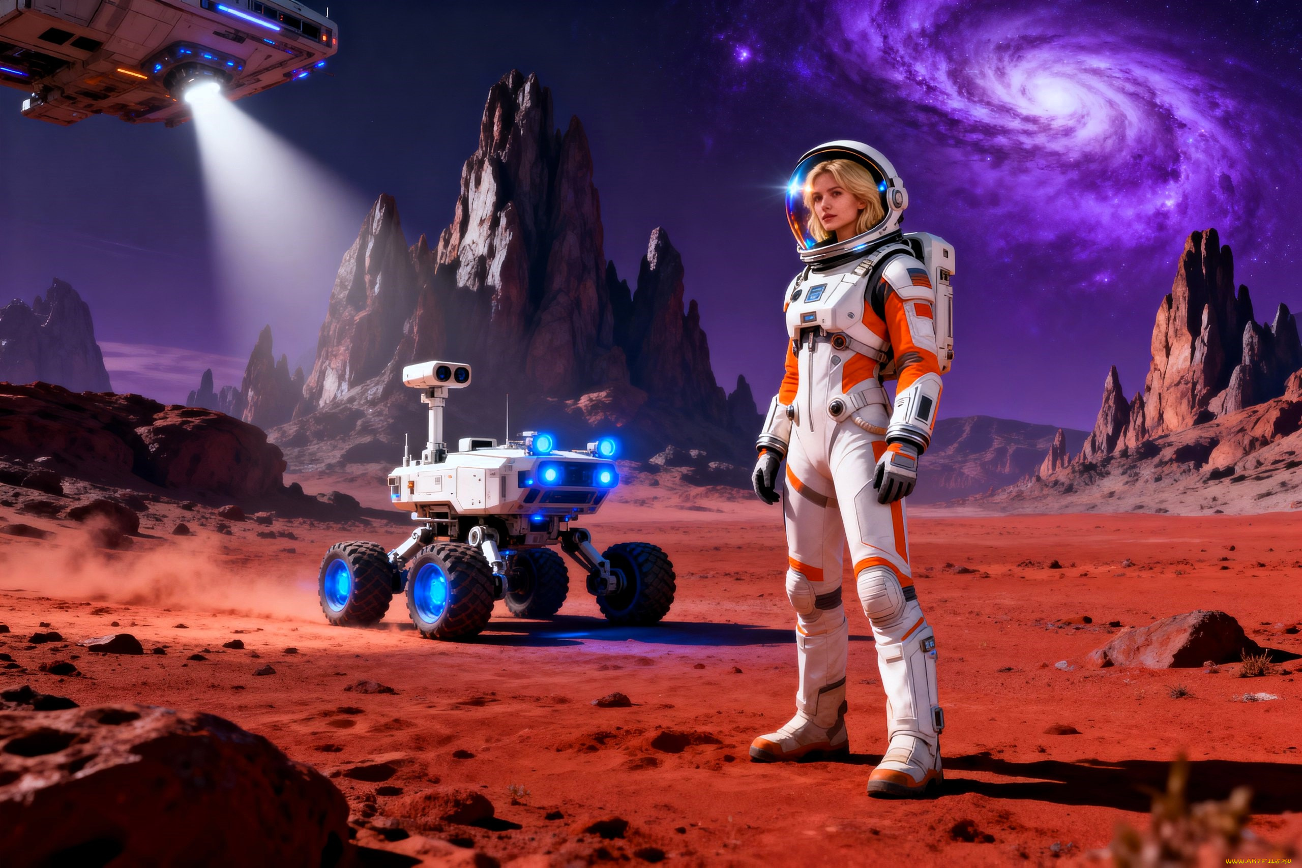 3д, графика, научная, фантастика, , science, fiction, девушка, скафандр, космос, планеты, луноход, горы, транспортник